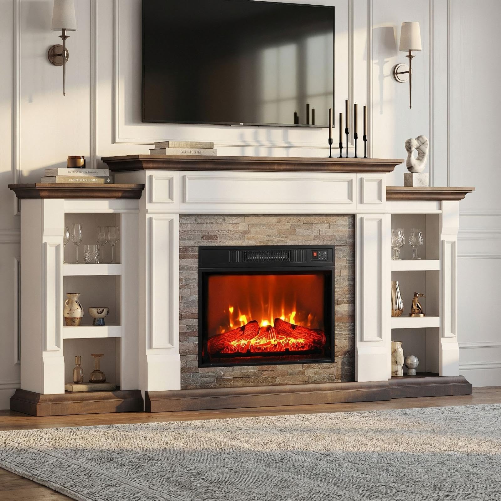 LGHM 72" Electric Fireplace with Mantel, Fireplace TV Stand for TVs Up to 80 Inch, Farmhouse Entertainment Center with Storage, Fireplace Heater