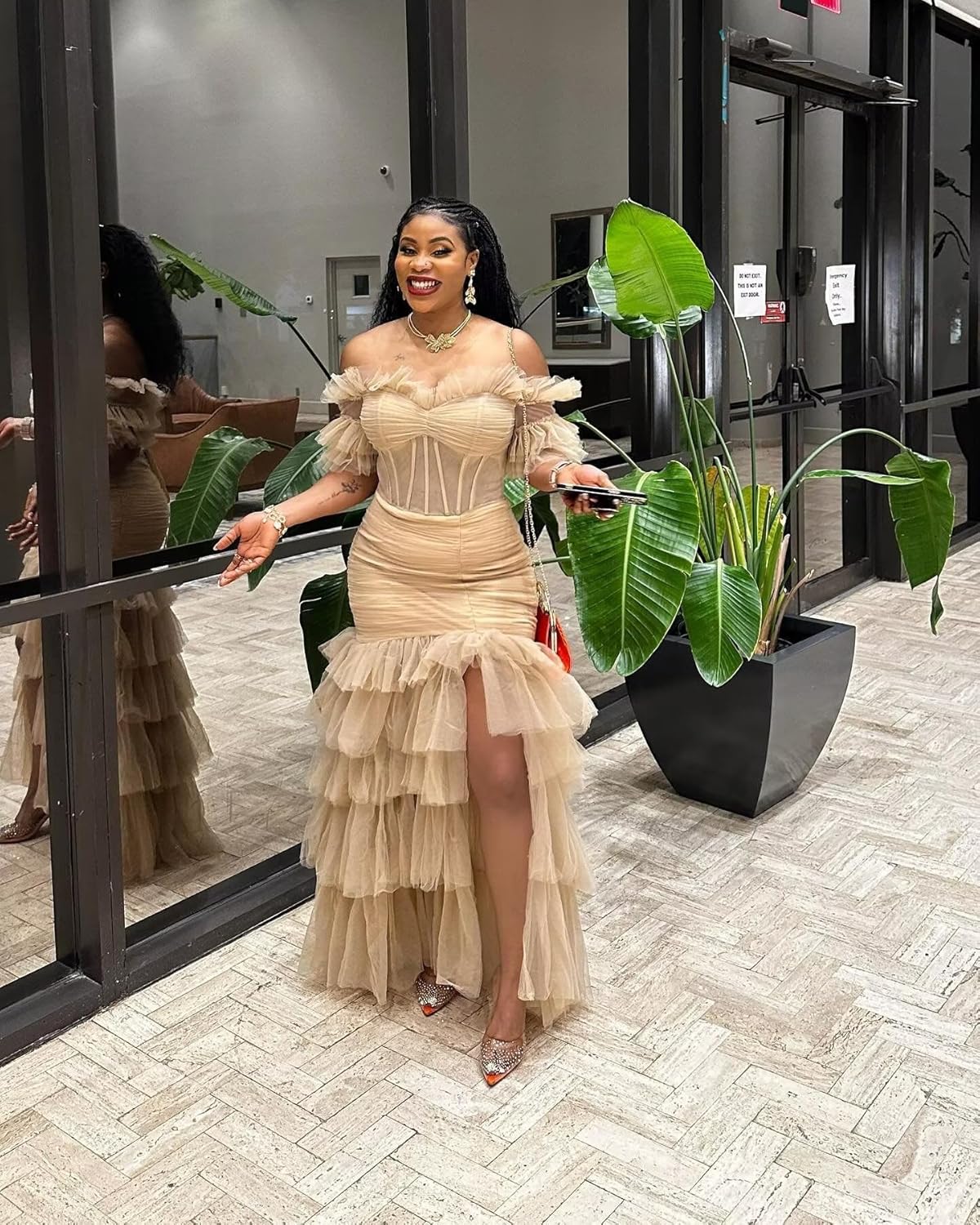 Off Shoulder Tiered Tulle Prom Dresses Long Mermaid Ruffle Slit Formal Evening Party Gowns