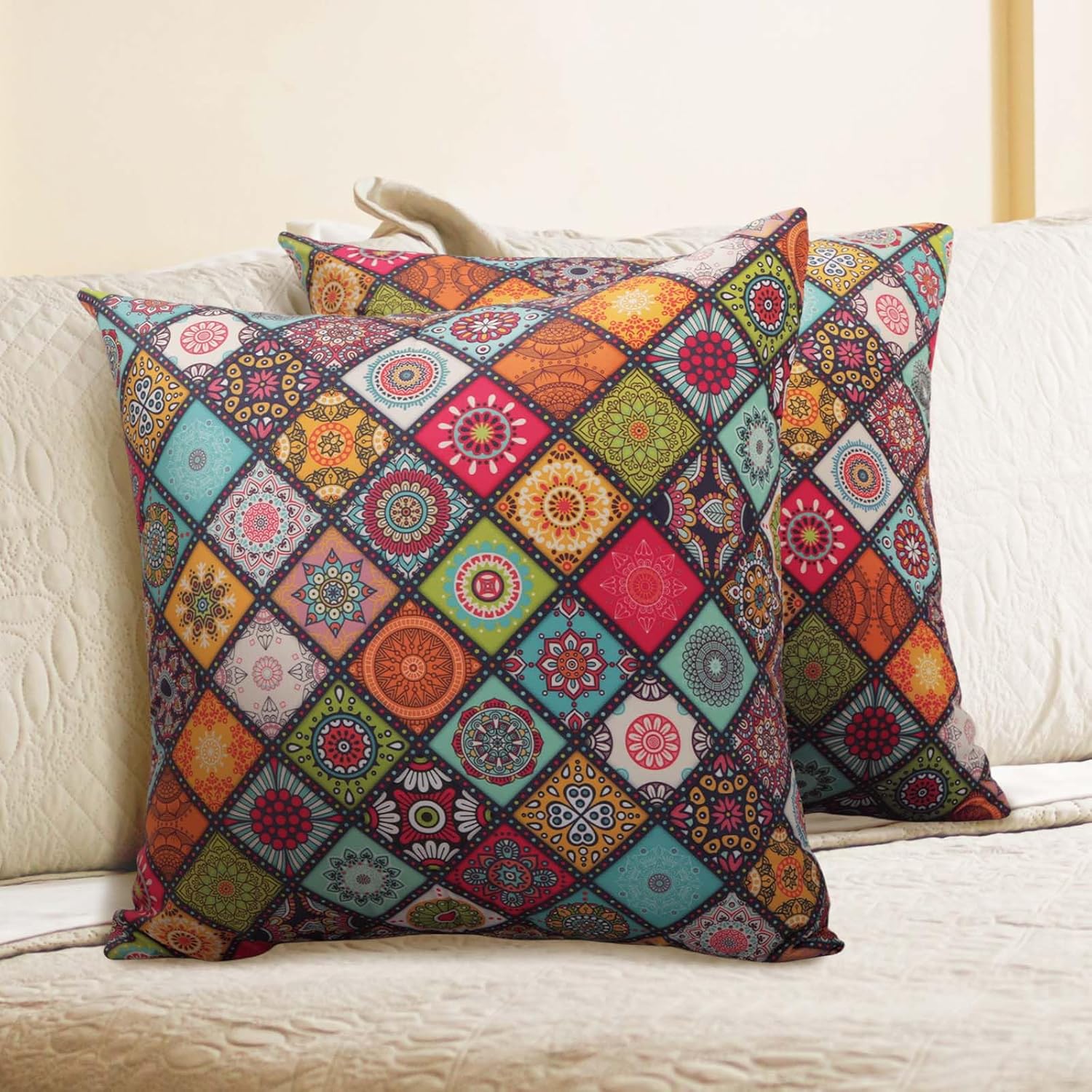 Bohemian Mandala Throw Pillow Covers, Decorative Cushion Cases Set of 2, Colorful Patchwork Design, 18x18 Inches, for Home Sofa Couch