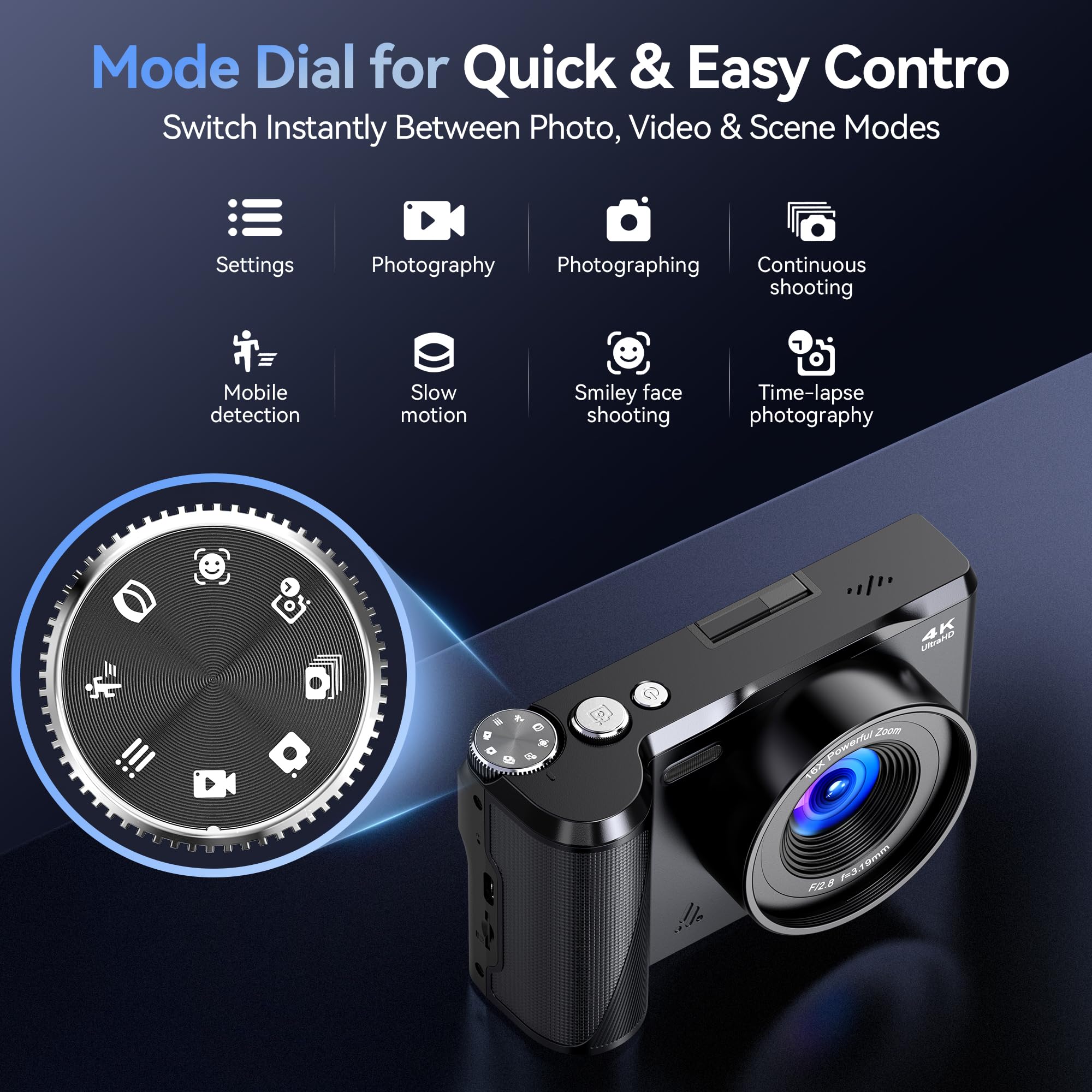 Appareil Photo Numérique 4K Digital: 56MP Appareils Numérique avec molette de Mode Écran Rabattable 180° - Camera pour Vlog avec Carte 32GB - pour Adolescents Débutants Adultes Enfant