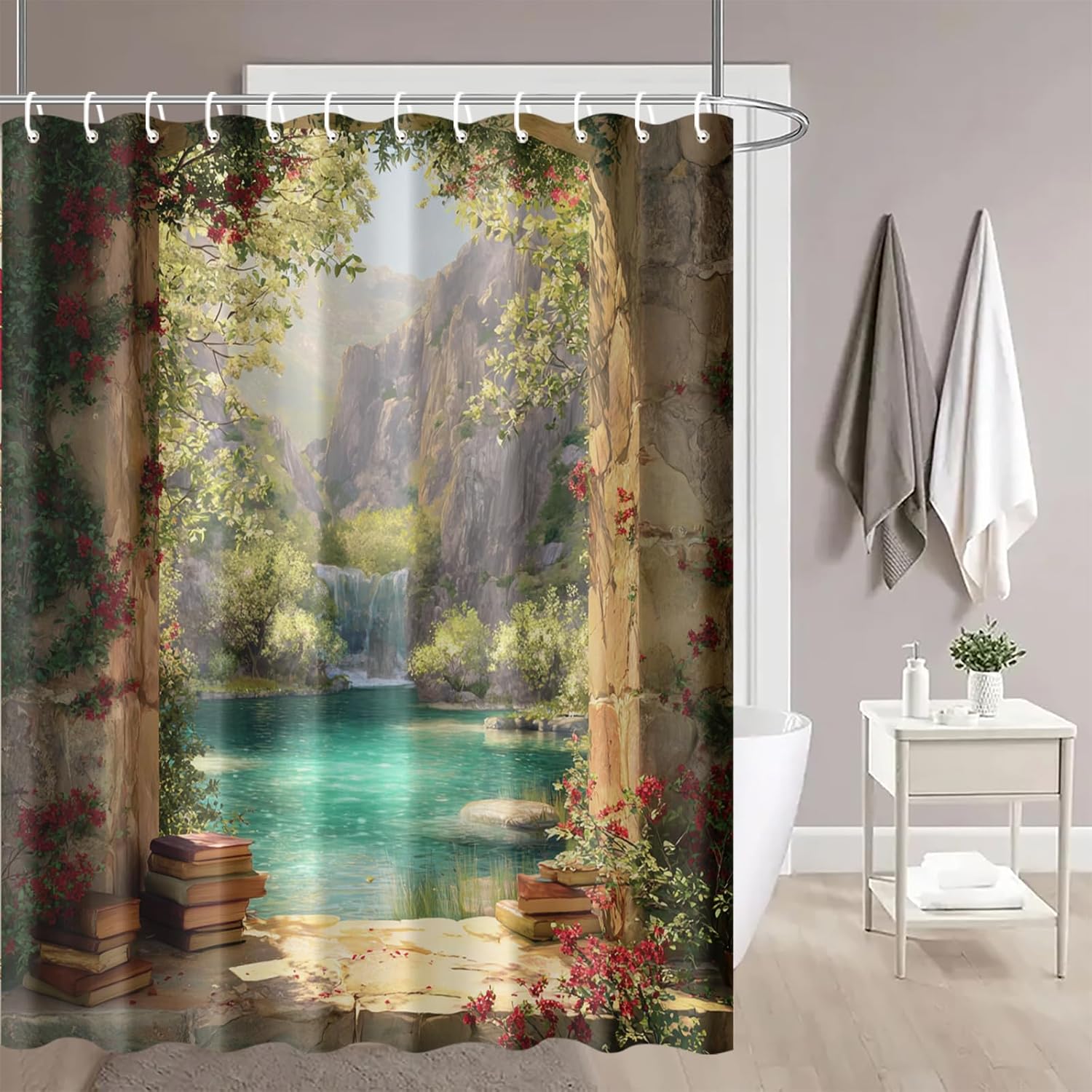 Waterfall Window View Shower Curtain 72x72 Inch Mountain Lake Scene Fabric for Rustic Country Bathroom Decor Nature Landscape Style