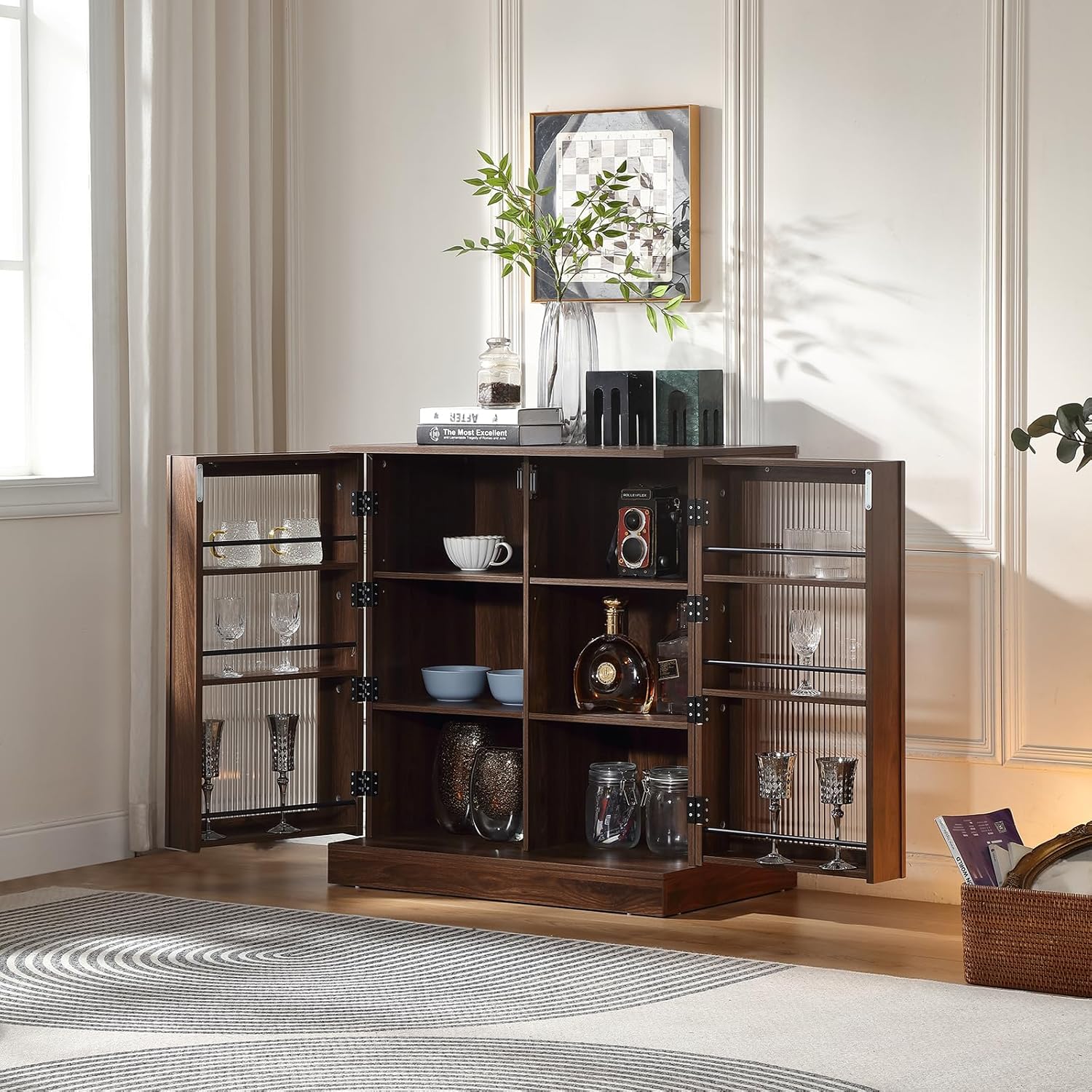 34.6 inch Kitchen Pantry Storage Cabinet with 6 Built-in Racks for Better Storage, Modern Pantry Cabinet with Adjustable Shelves and Glass Doors,Wind Red