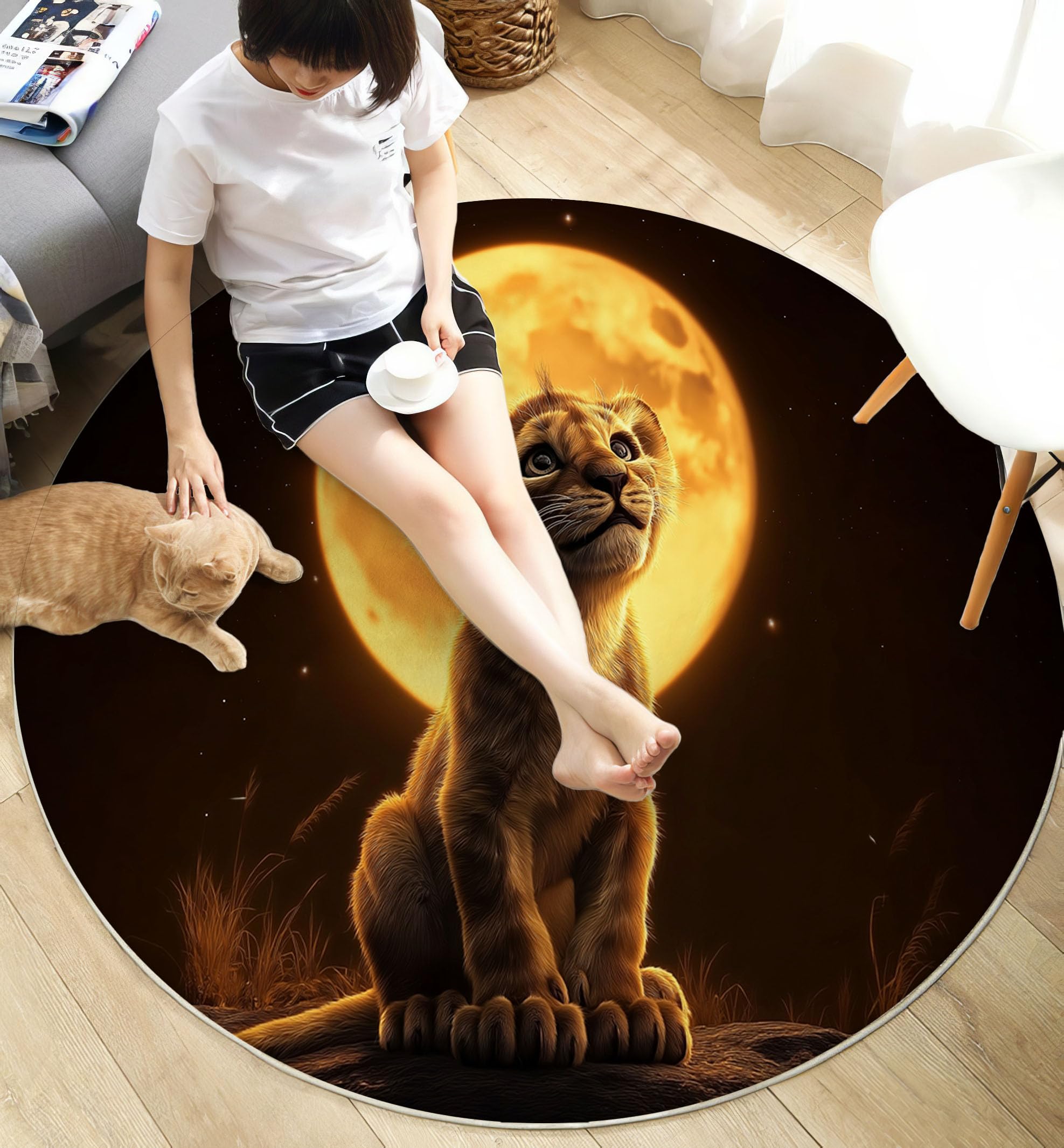 Tapis Rond pour Enfant - Illustrations d'animaux - Lune en Lion - pour Chambre d'enfant Salle de Jeux Chambre d'adolescent Salon - Jaune