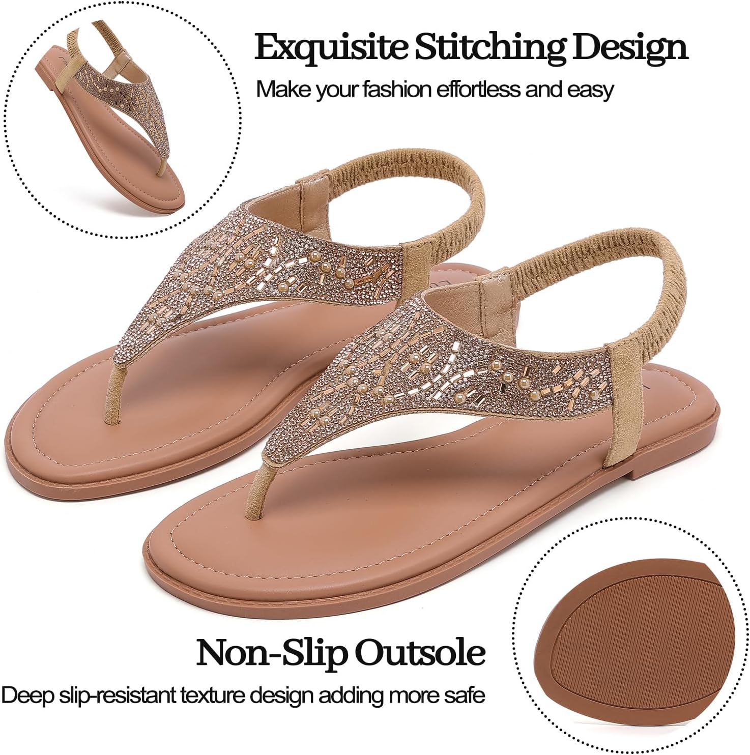 Luoika Women's Wide Width Flat Sandals, Flip Flop Thong Sandals Strappy Rhinestone Comfortable Summer Beach Shoes for Women.