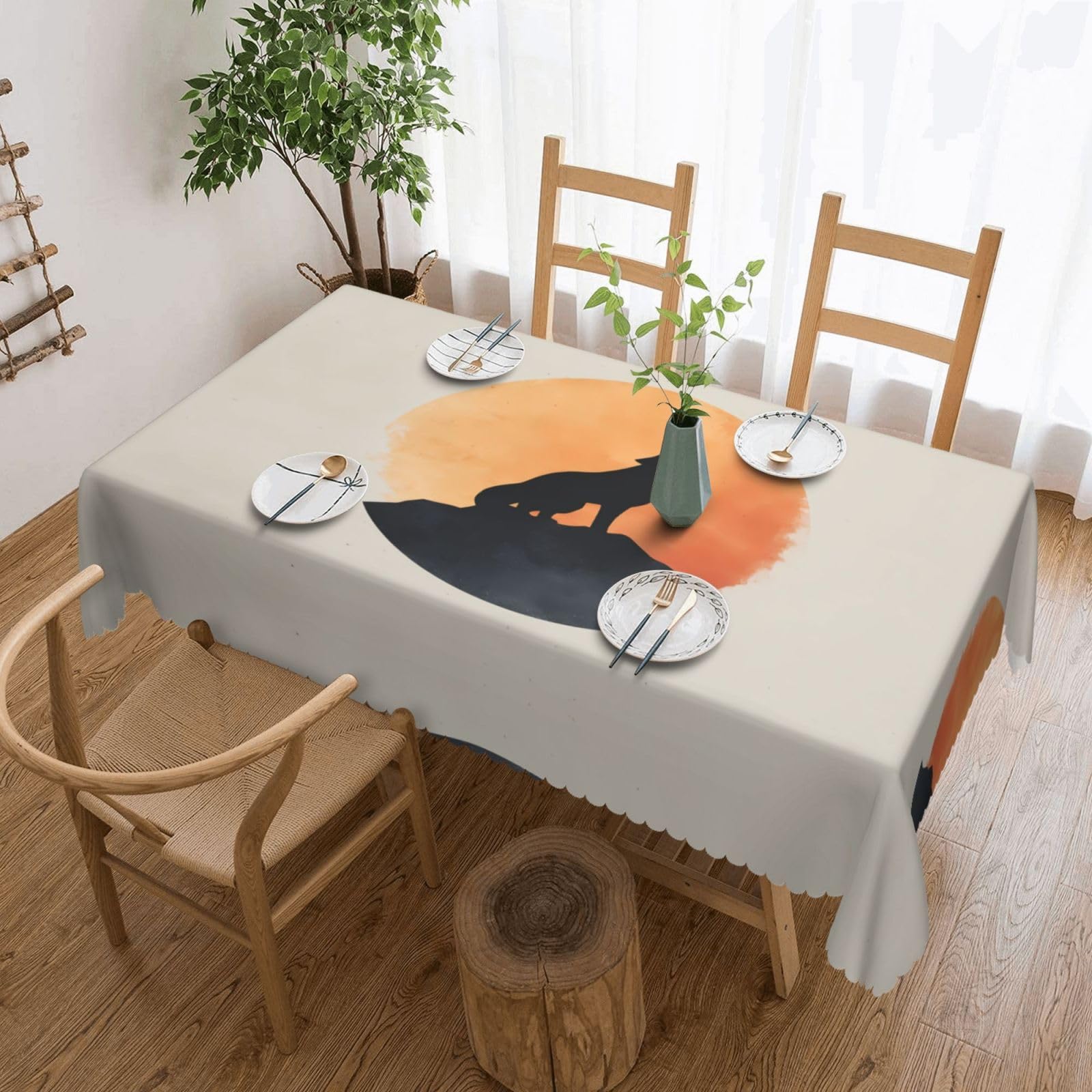 QAZWZML Sunset and Wolve Printed tablecloth, made of thick polyester with lace trim, suitable for dining rooms, picnics, and weddings