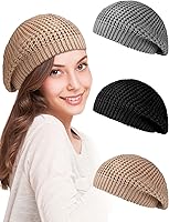 Newcotte 3-Pack Women's Soft Slouchy Crochet Berets - Chic Cutout Knit Beanie Hats (Black, Gray, Khaki)