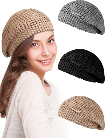 Newcotte 3 Pcs Crochet Beret Knitted Beanies for Women,Black, Gray, Khaki