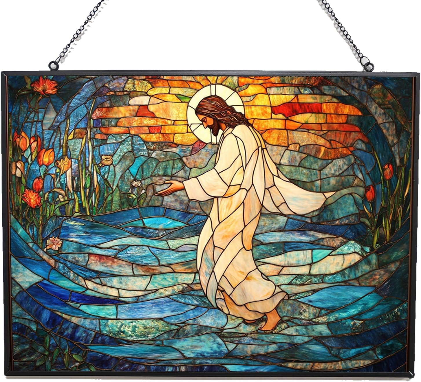 Rectangle Art Nouveau Morning Glory Trellis Stained Glass Suncatcher 4 Season Colorful Window Wall Ornament Hand-Painted Glass Panel Decor Gift for Women Christmas Thanksgiving Gift
