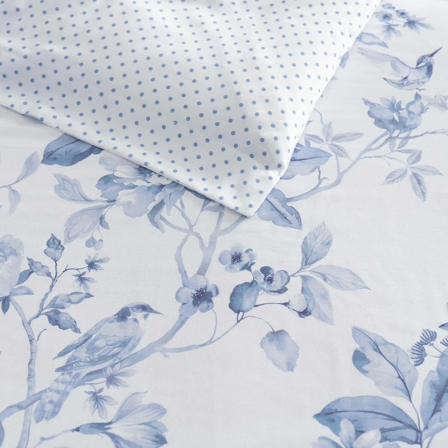 Martha Stewart - Queen Duvet Cover Set, 100% Smooth & Silky Sateen Cotton Bedding, 3 Piece Floral Bedding with Matching Pillowcases (Songbird Blue)