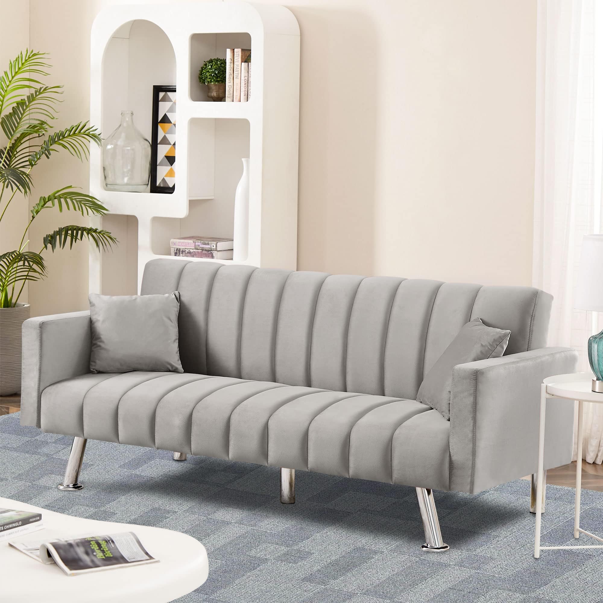 Living Room Furniture Velvet Sofa Bed Wood Frame Sofa for Hotel Apartment and living room (Grey)