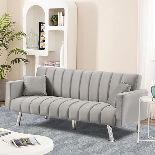 Miniatura 4 de AWQM Futon Sofa Bed, Upholstered Convertible Sofa Bed with 2 Pillows, Modern Sleeper Sofa Couch Recliner with Wooden Frame and Metal Legs,