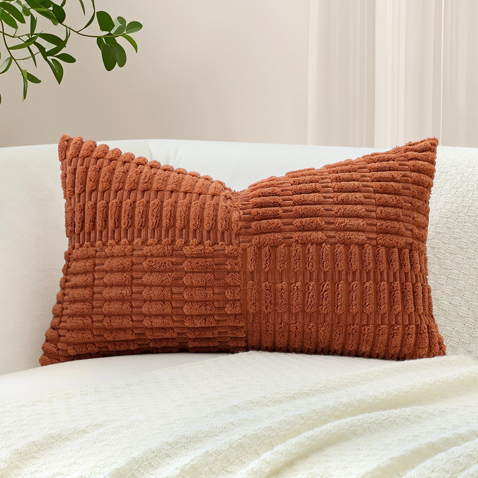 Sungeek Set of 1 Decorative Cushion Cover 30 x 50cm Soft Corduroy Striped Cross Patchwork Textured Pillow Case Boho Farmhouse Lumbar Throw Pillow Cover for Sofa Bed Patio 12x20 Inch, Rust — image 1