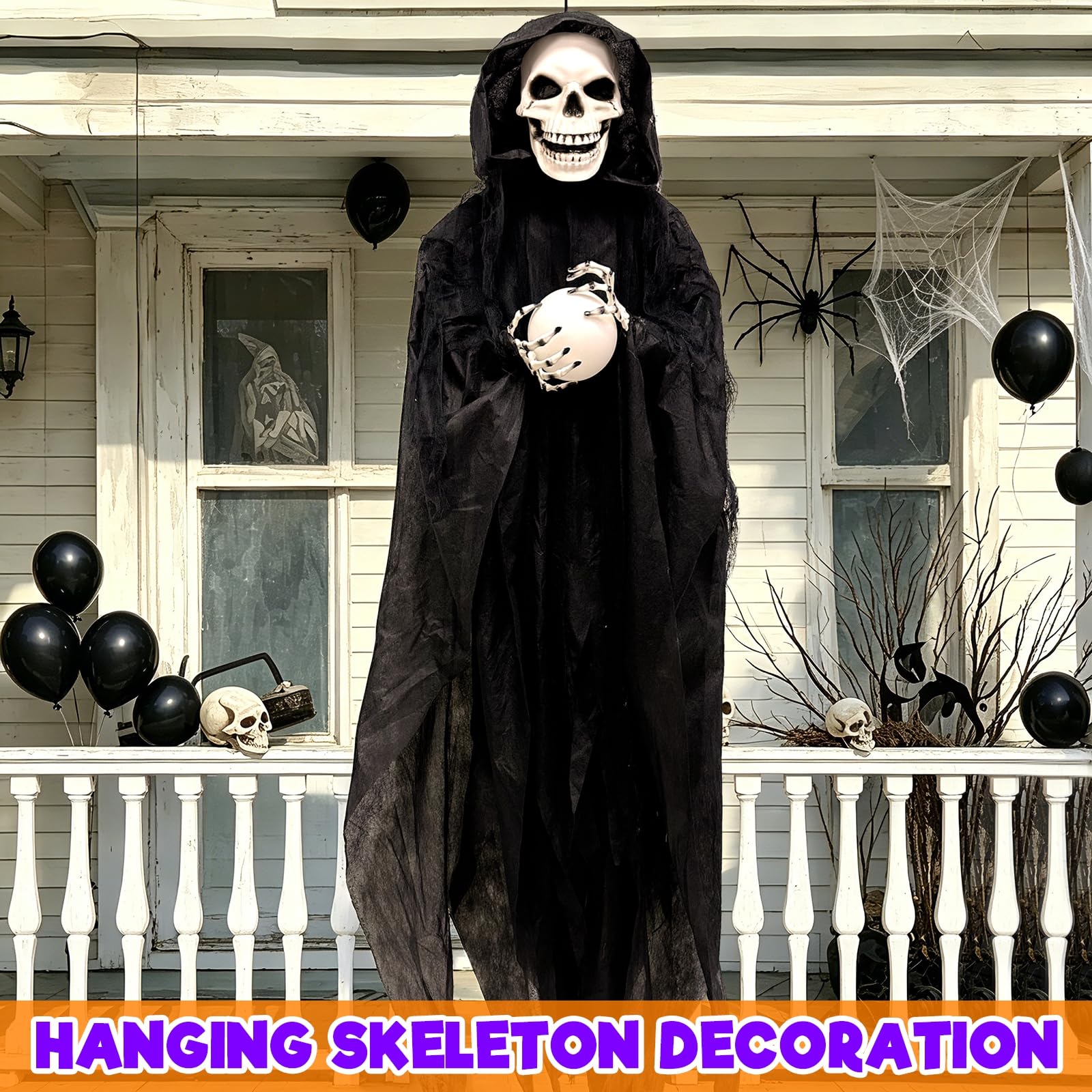Activado por sonido: decoraciones animatrónicas de Halloween de 65 pulgadas para colgar al aire libre, esqueleto fantasma, sostiene bola de cristal LED, cabeza verde, sonido espeluznante, decoración