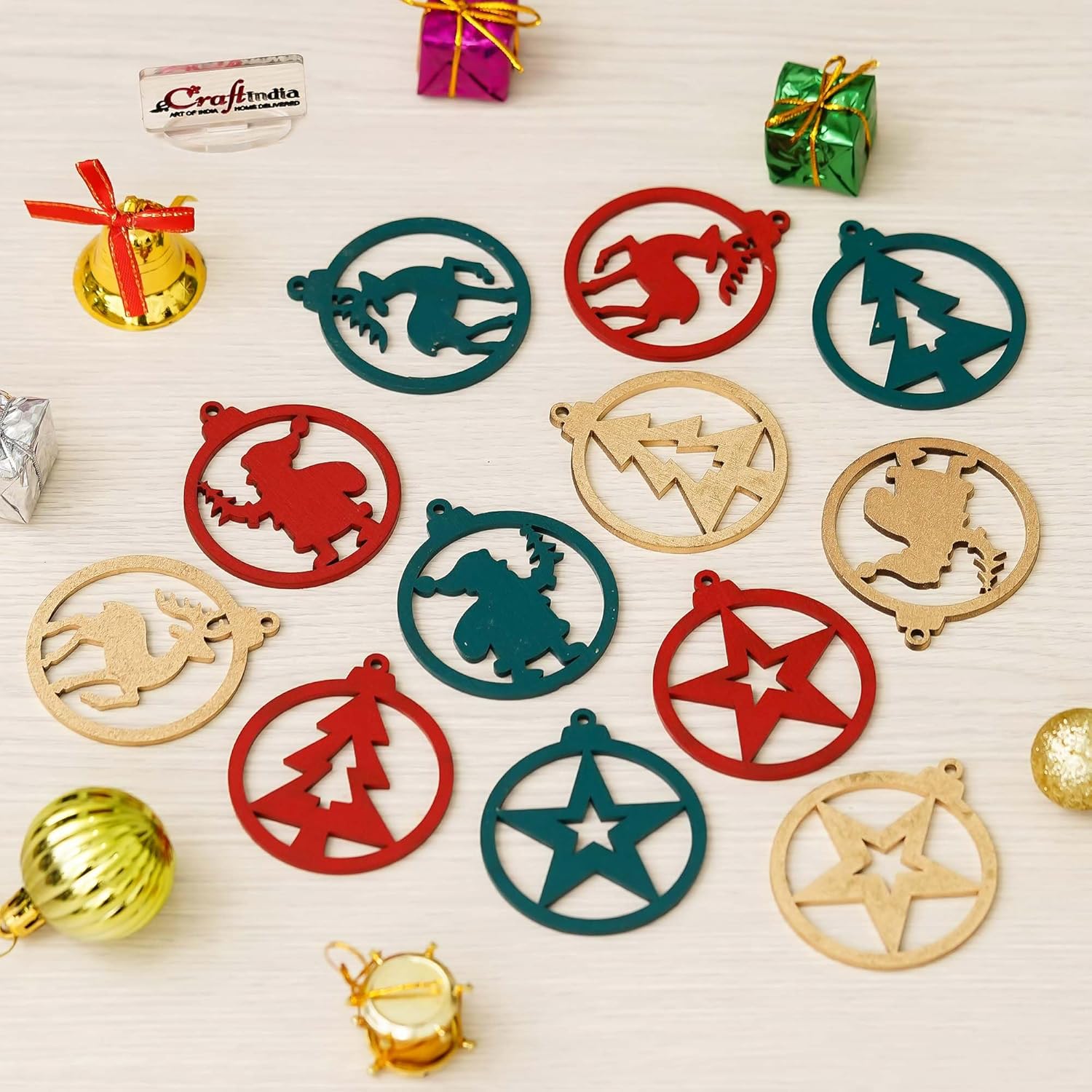 eCraftIndia Wooden Merry Christmas Decor Hanging Ornaments (Pack of 12) Santa Claus Christmas Tree Star Reindeer Wall Hangings| Xmas Tree Decoration Items Set Gifts for Women Men