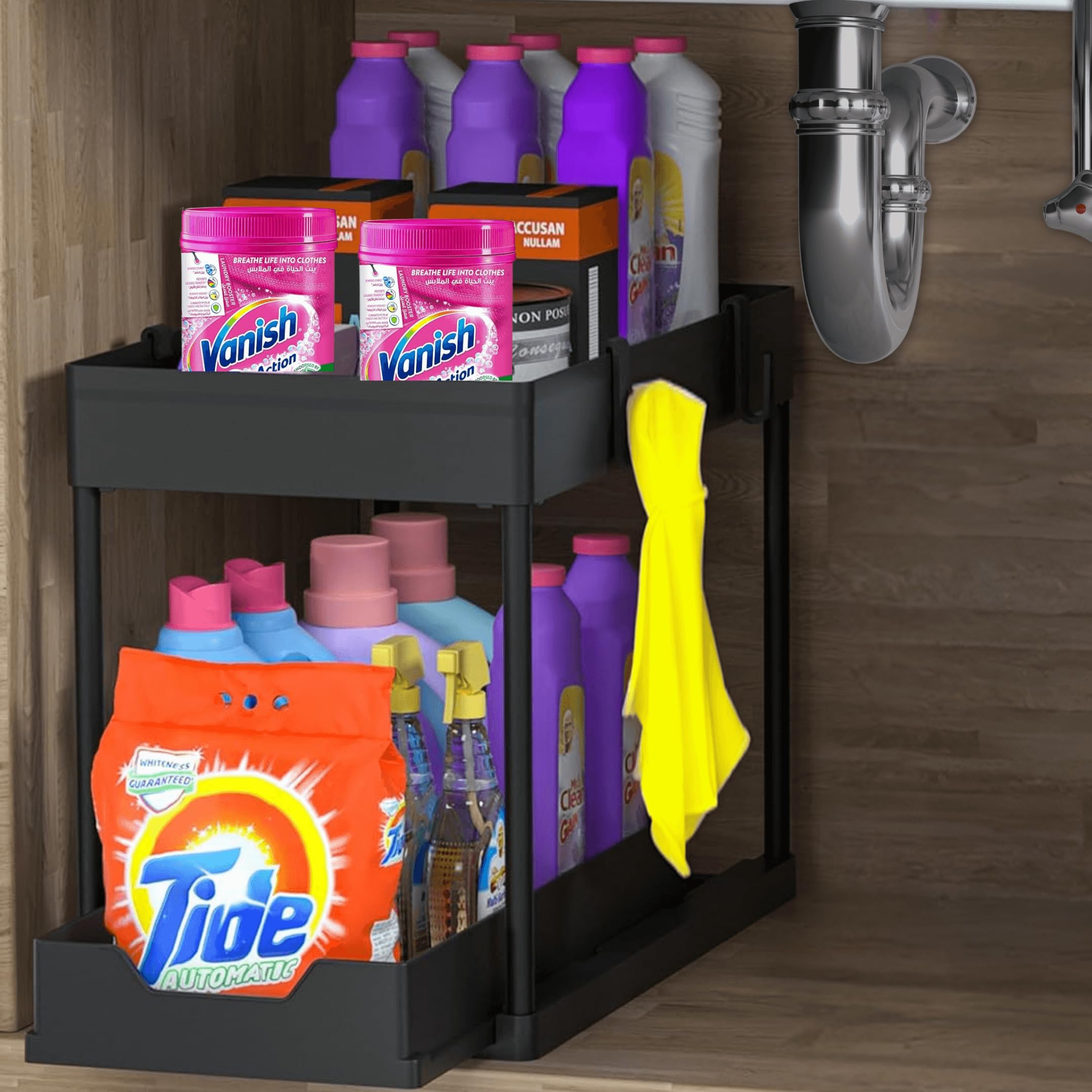 Raiqa Kitchen Organizer - Maximize Your Space with Our 2 Tier Under Sink Organizer - 4 Hooks Included - Sliding Basket - Multi-Purpose Shelf Organiser & Storage for Bathroom