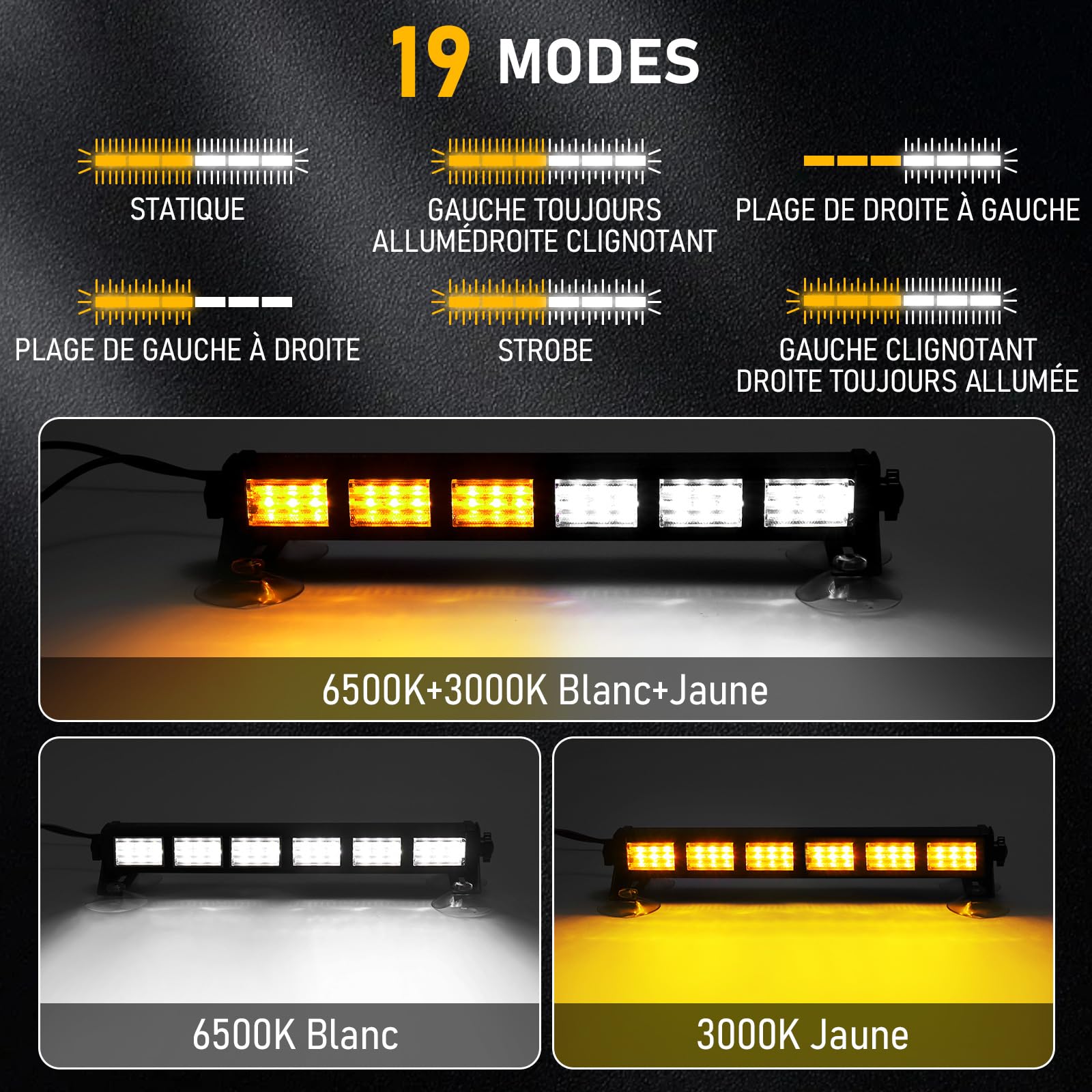 antom Sechs LED Barre Lumineuse Clignotante Stroboscopique 2 pièces, 36 LEDs, Lumière d'avertissement Orange + feu 19 Modes de Stroboscope Clignotant pour Voiture, Camion, Tracteur
