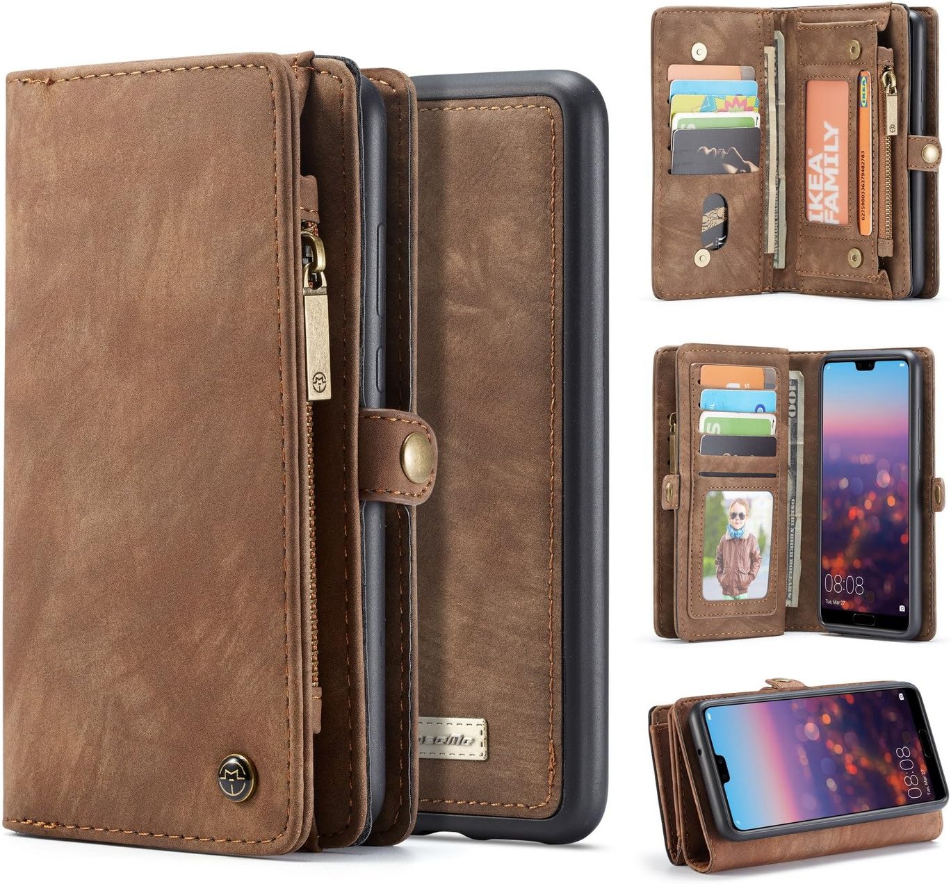 ZARO Wallet Case for Samsung Galaxy Note 9 with Card Holder Phone Purse, Detachable Magnetic Portable Folio Flip Cover PU Leather Pouch Zipper Bag Protective Shell for Girls Women Men-Brown