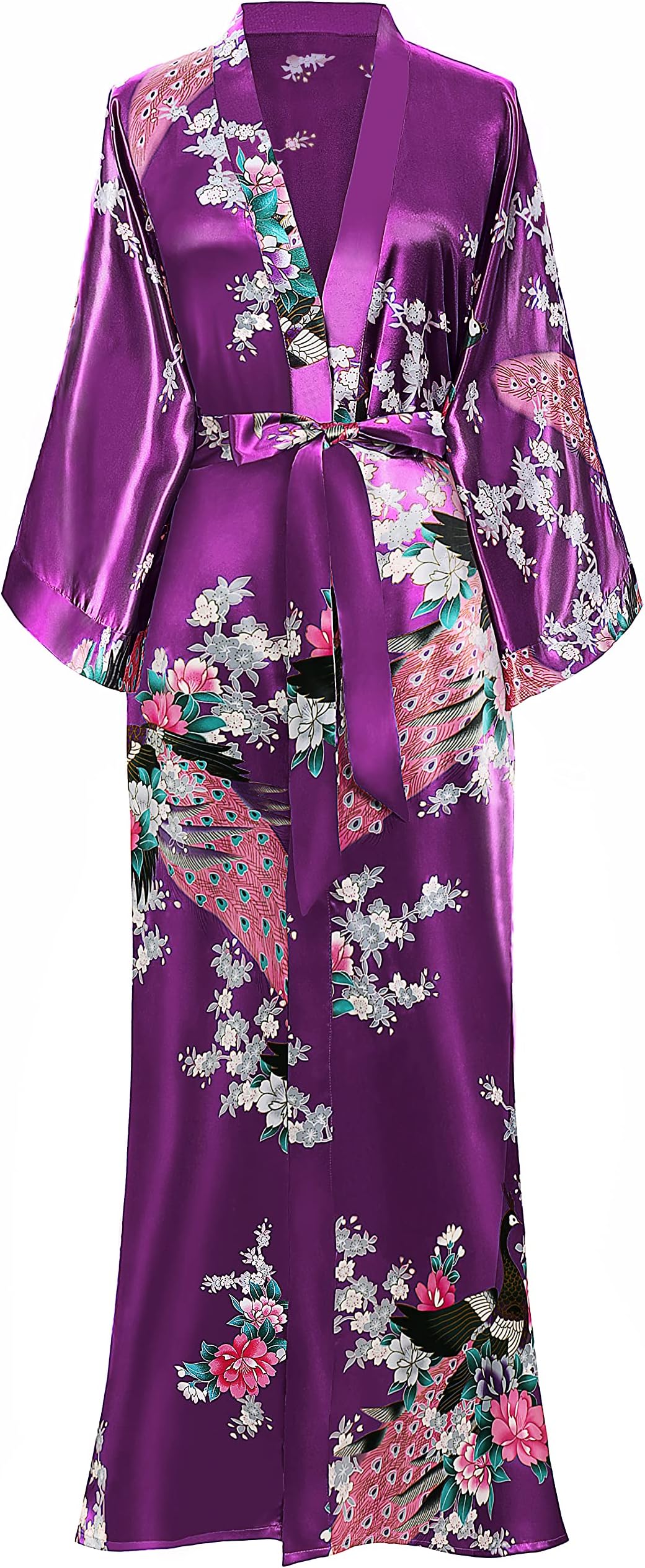 Women's Kimono Robe Long Satin Robes with Peacock and Blossoms Printed Kimono Nightgown