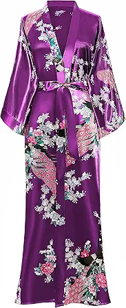 BABEYOND Women's Kimono Robe Long Satin Robe with Peacock and Blossom Print