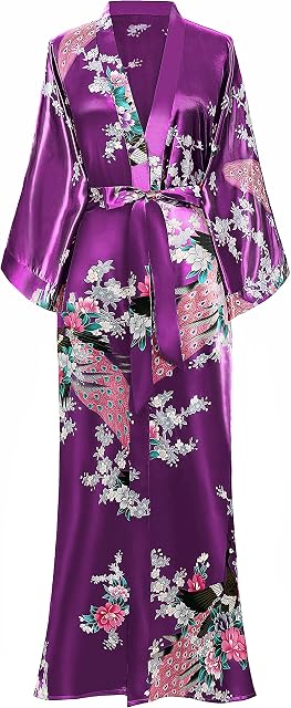BABEYOND Kimono Robes for Women Satin Peacock Dressing Gown with Pockets | Silky, Floral Pattern, Sash Tie Clo