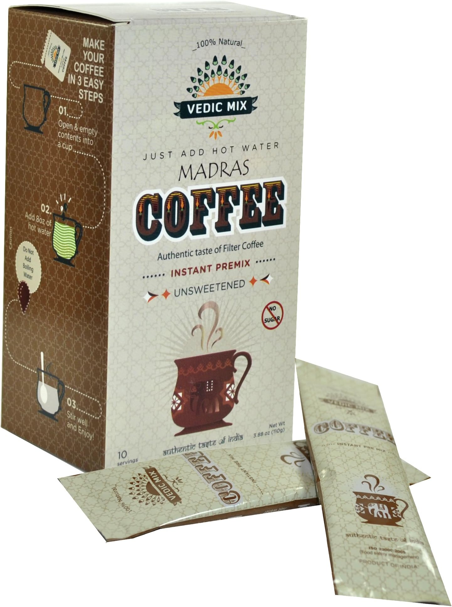 Madras Filter Coffee Unsweetened, Vedic Mix, Pack of 4, 10 count each per box