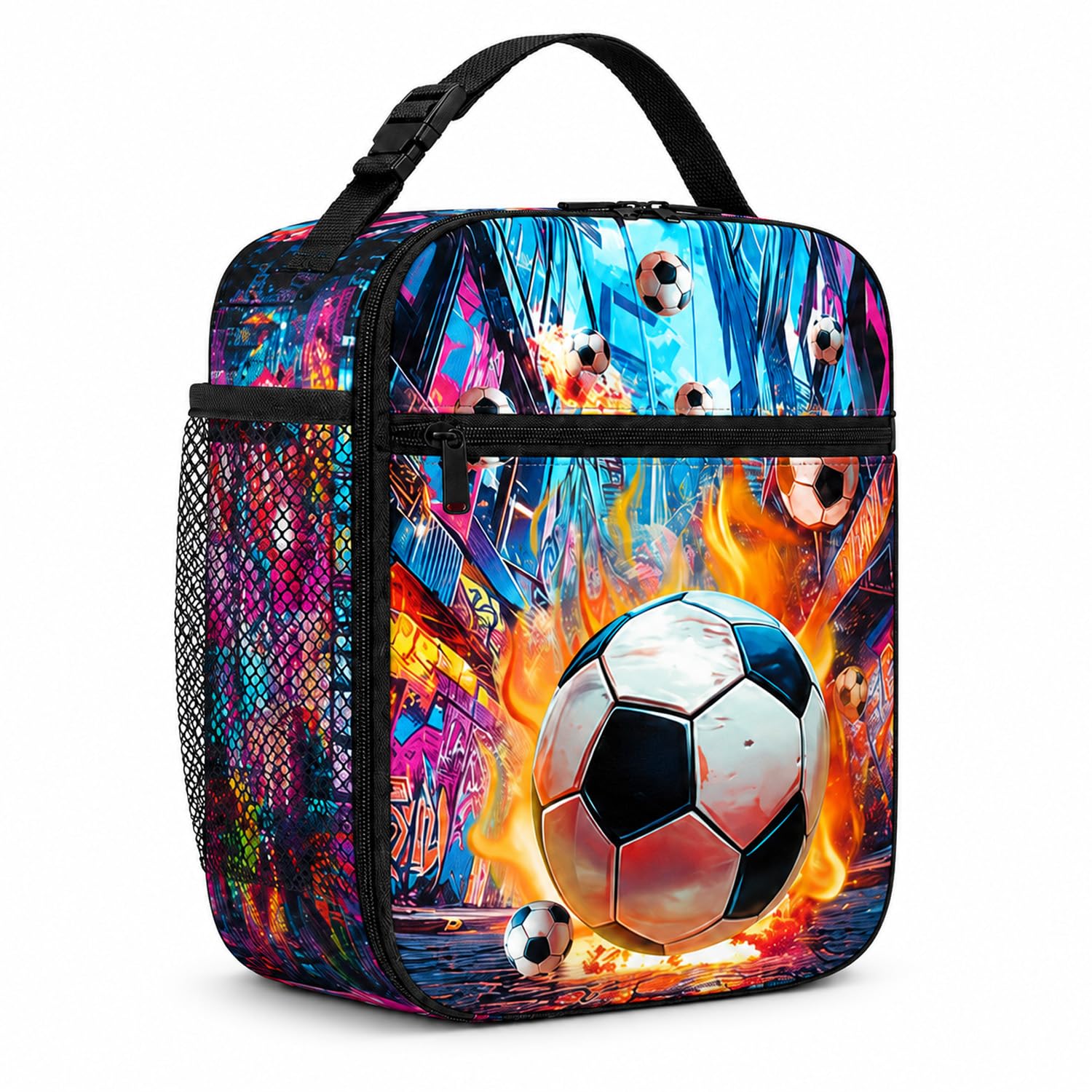 Nevicor Kids Insulated Lunch Bag, Reusable Football Lunch Box for Kids Boys Girls, Portable Thermal Boys Lunch Bag with Sturdy Handle, Leakproof Packed Lunch Box for Work School and Picnics