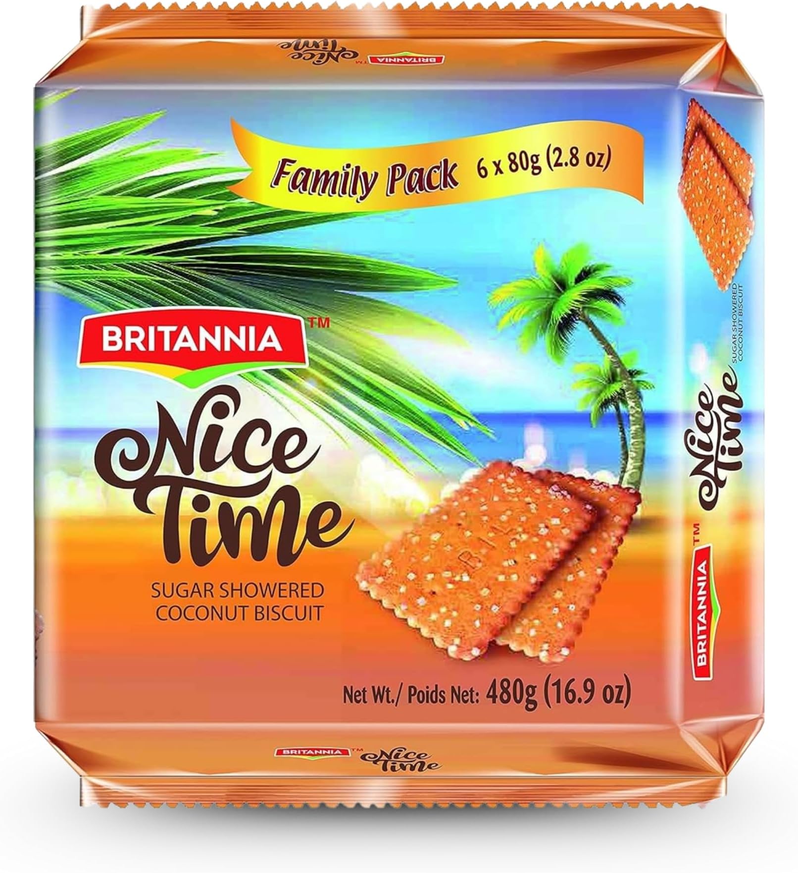 Britannia Nice Time 2.8oz (80g) - Delicious Coconut Biscuit Crunchy - Kids Favorite Breakfast & Tea Time Snacks (Pack of 6)