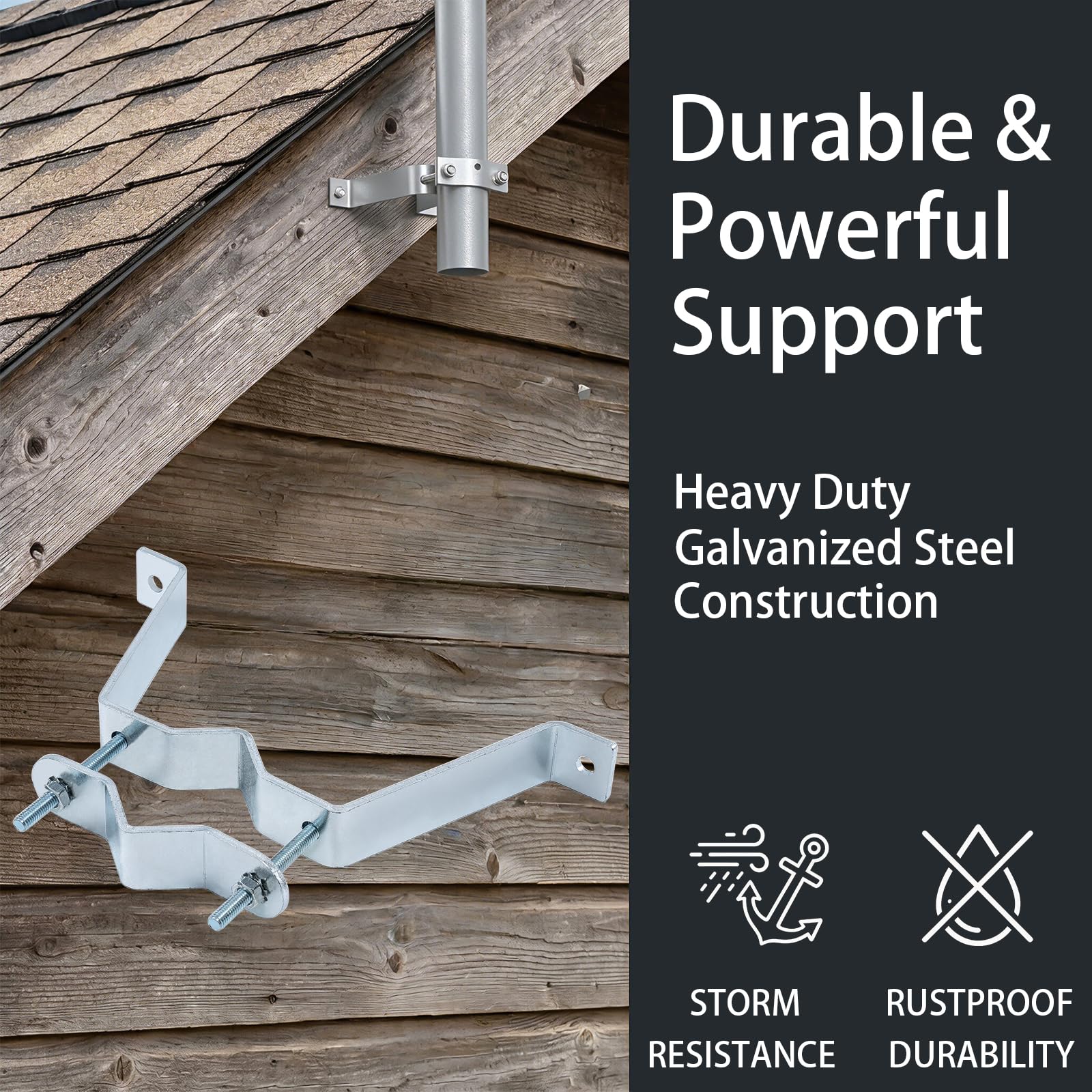 Lot de 4 supports muraux pour antenne de 10,2 cm, en acier galvanisé robuste pour mât de 3,8 cm, convient pour toit, mur, extérieur, camping-car, plat, satellite, boulons tire-fond inclus
