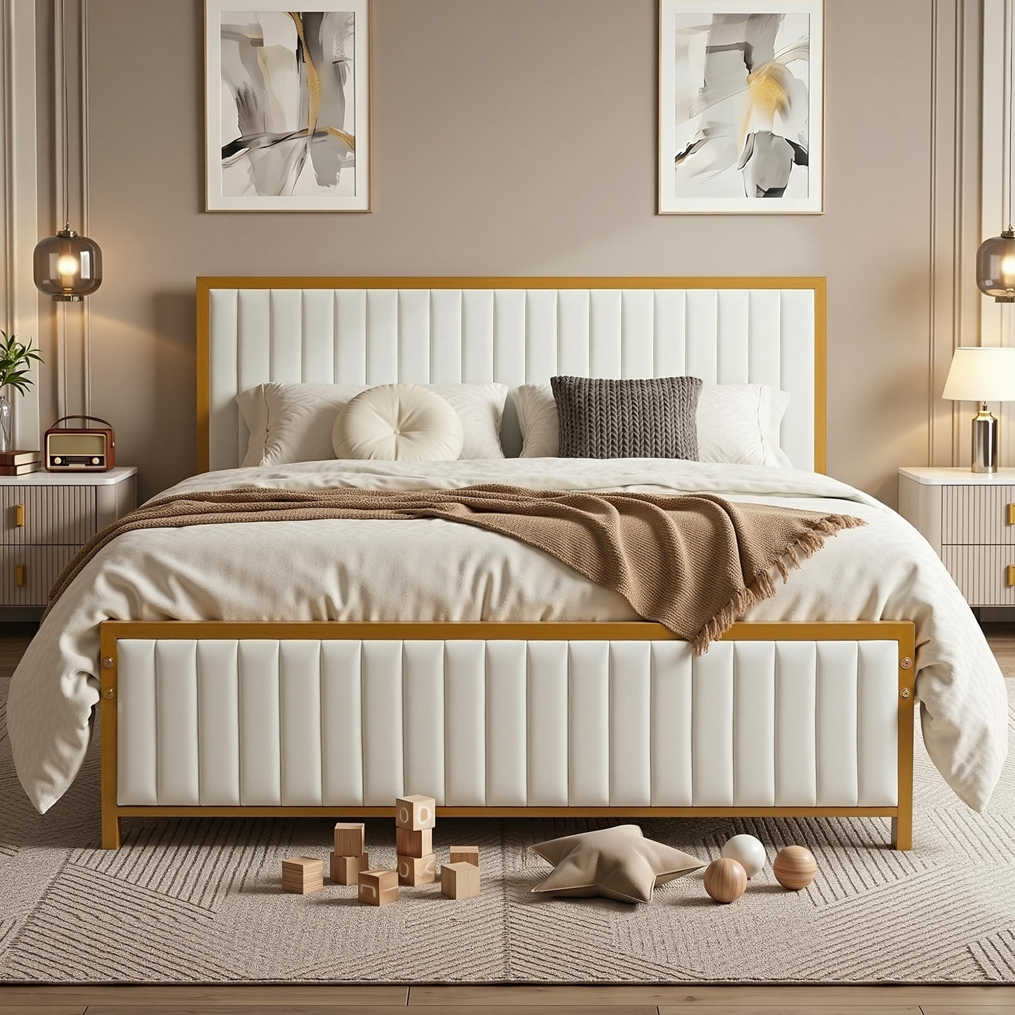 VECELO Double Bed Frame with Upholstered Linen Headboard and Footboard, Heavy-Duty Platform with Strong Metal Slats, No Box Spring Needed, Easy Assembly, Beige