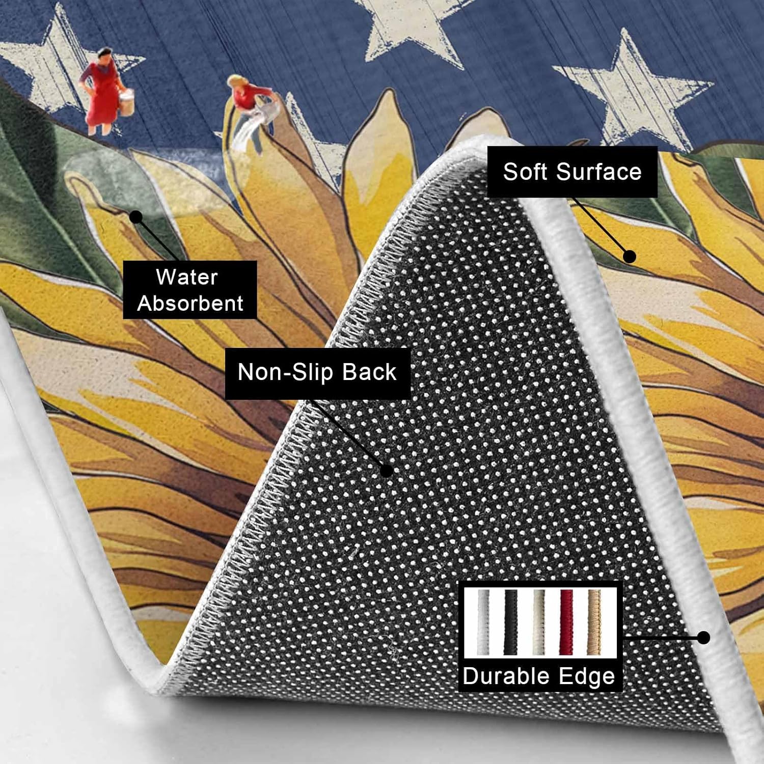 Prime Leader Independence Day Kitchen Mat Set 2 Pieces Hand Panted Sunflowers Countryside Star Non Slip Kitchen Rugs Washable Runner Rug Mats for Sink Laundry (19.7" x 31.5"+19.7" x 63")