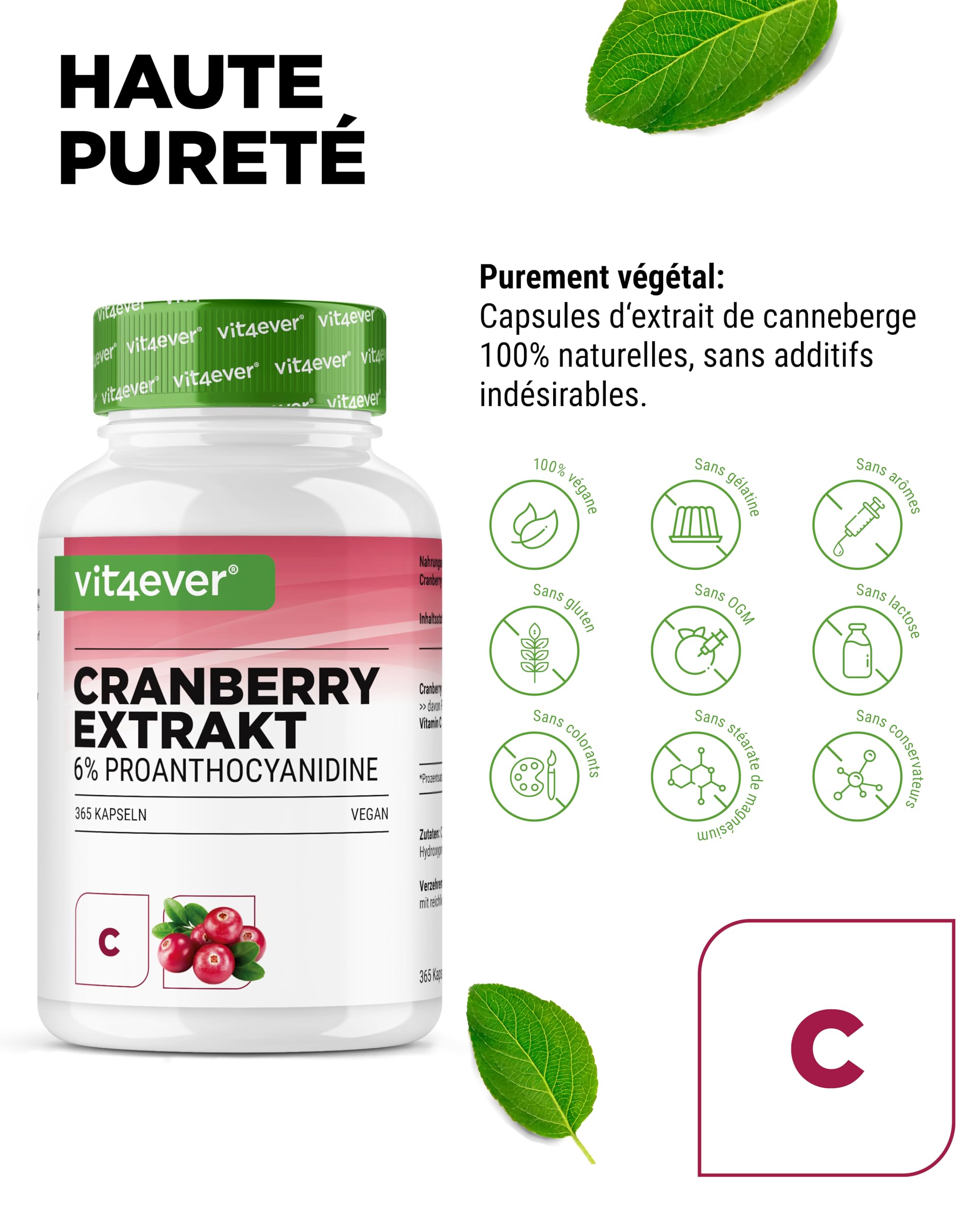 Extrait de canneberge + Vitamine C – 365 gélules de canneberge – Extrait 25:1, équivalent à 25.000 mg – 6% proanthocyanidines – Hautement dosé, sans additifs indésirables, végan