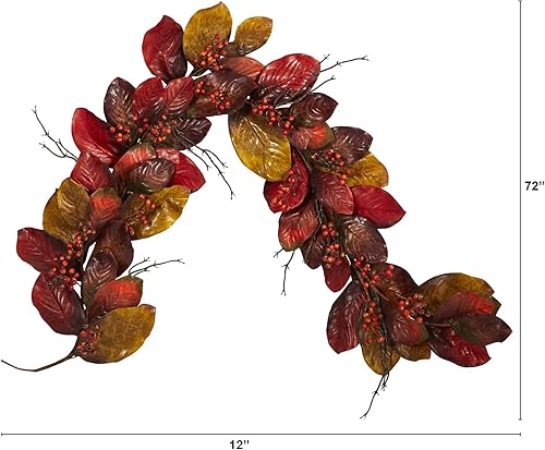 Miniatura 2 de Nearly Natural Guirnalda artificial de hojas de magnolia con bayas de otoño de 6 pies