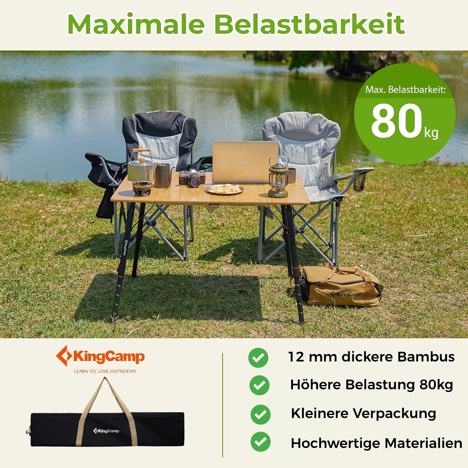 KingCamp Campingtisch Bambus 80 x 60 cm Klapptisch höhenverstellbar 42~70cm für 2-4 Personen 4 Falten Campingtisch Klappbar belastbar bis 80kg