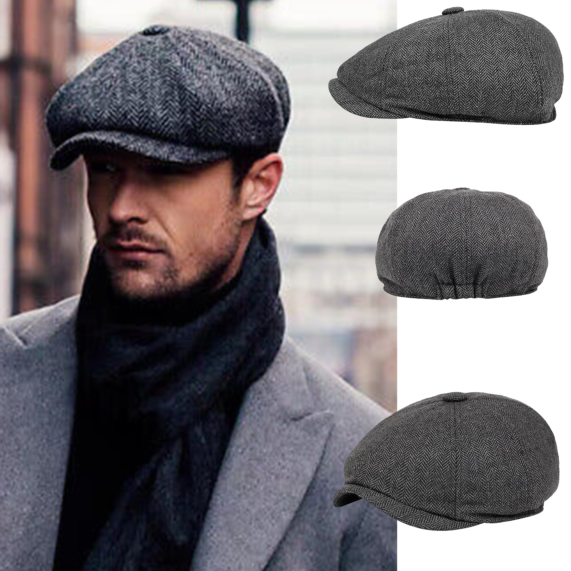 Men Classic Newsboy Cap 8 Panel Gatsby Flat Cap Ivy Golf Cabbie Hat Herringbone Cabbie Flat Cap Herringbone Newsboy Hat Darkgray