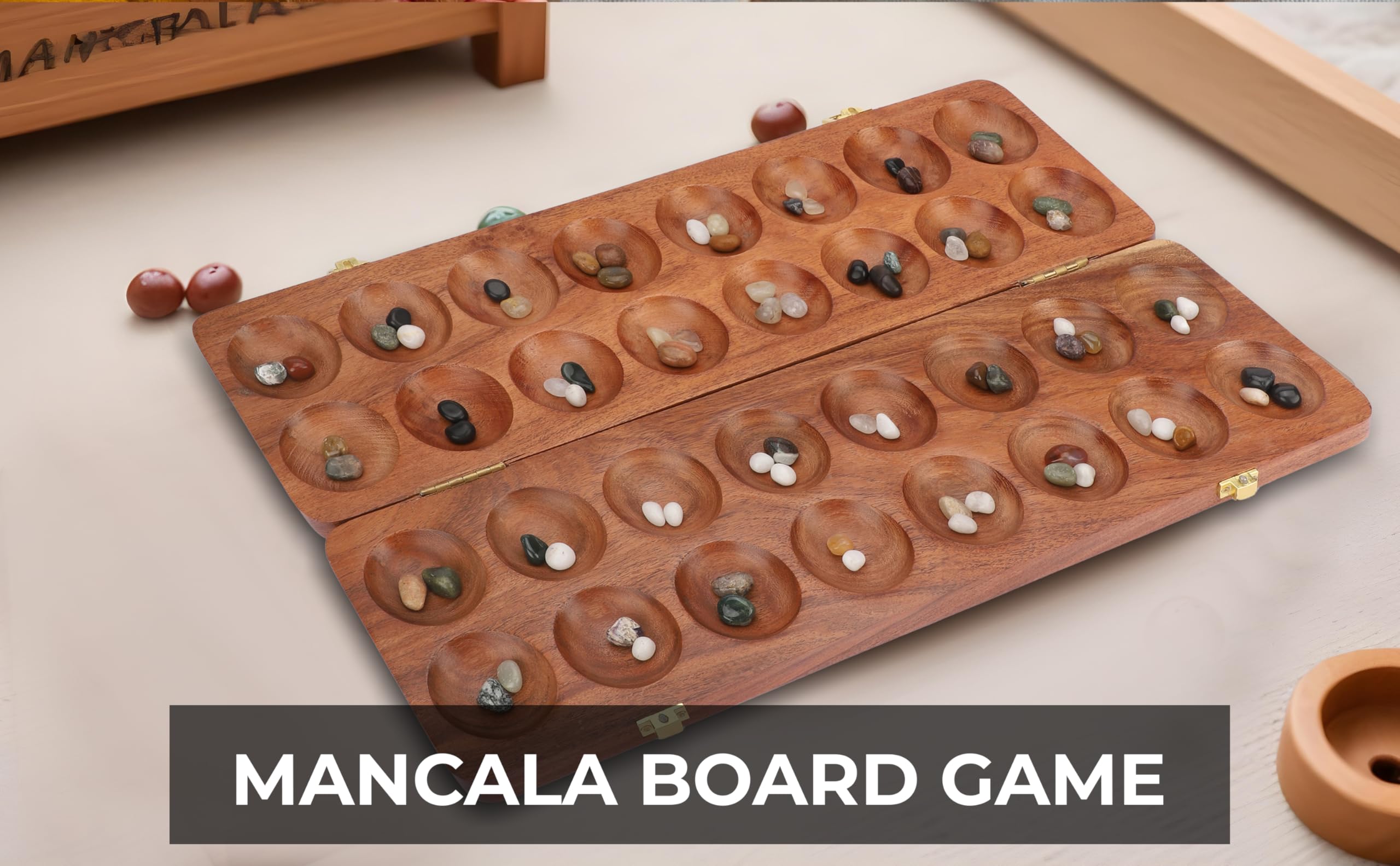 Ajuny Mancala zestaw do gry planszowej z drewna, duża deska składana – 96 wielokolorowych szklanych kamieni, idealna na rodzinny wieczór, przenośna klasyczna gra stołowa dla dorosłych i dzieci