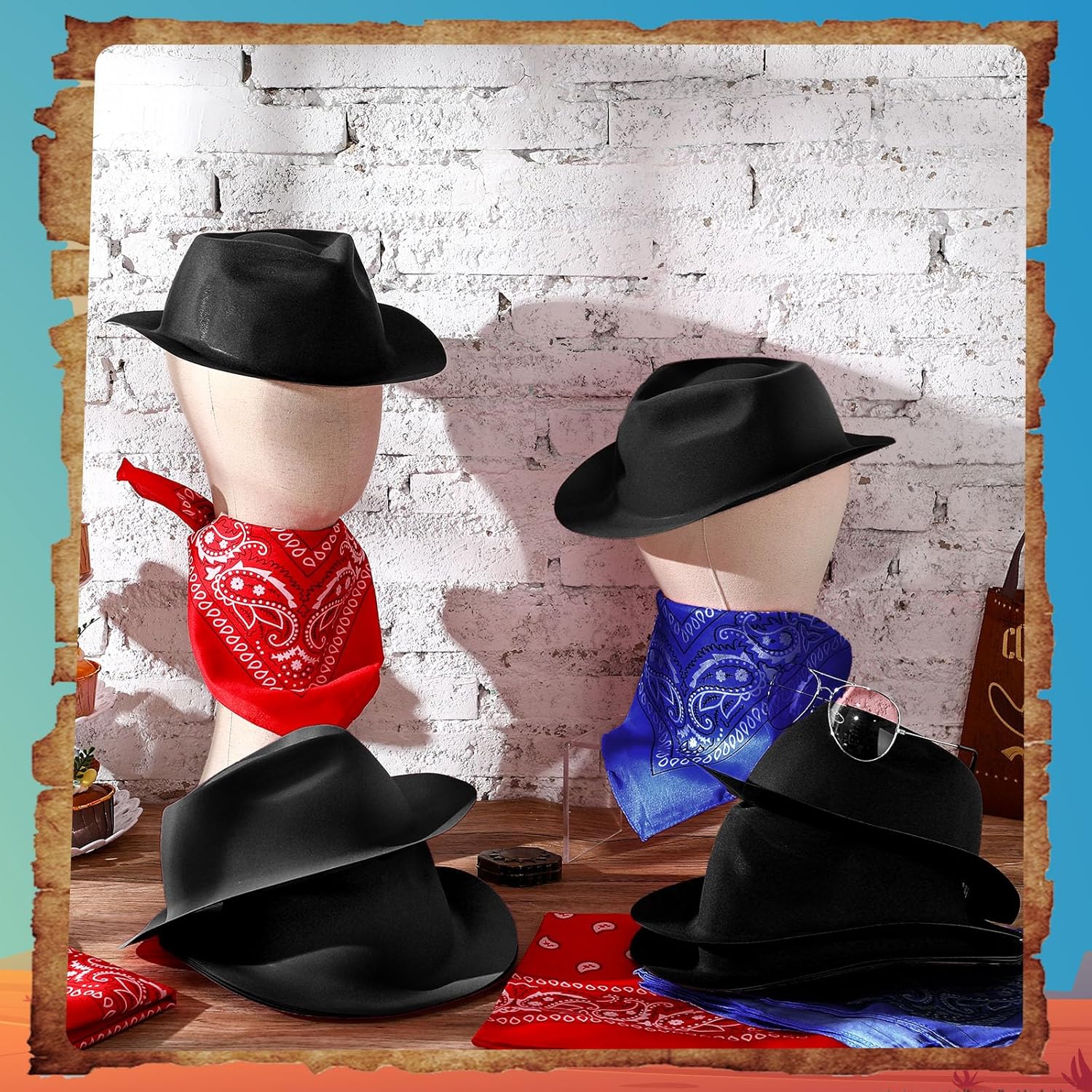 Hillban 72 Pcs Western Cowboy Hat and Paisley Bandana Set for Kids Felt Cowboy Party Hats for Costume Party Favors(Black)