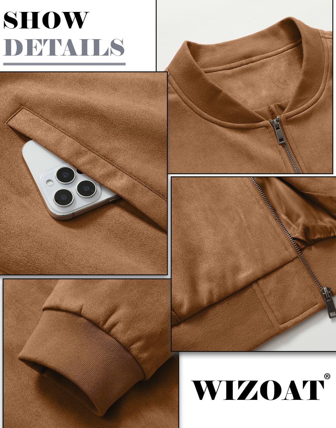 Men's Suede Bomber Jacket Casual Lightweight Vintage Jacket Varsity Coat - Image 5