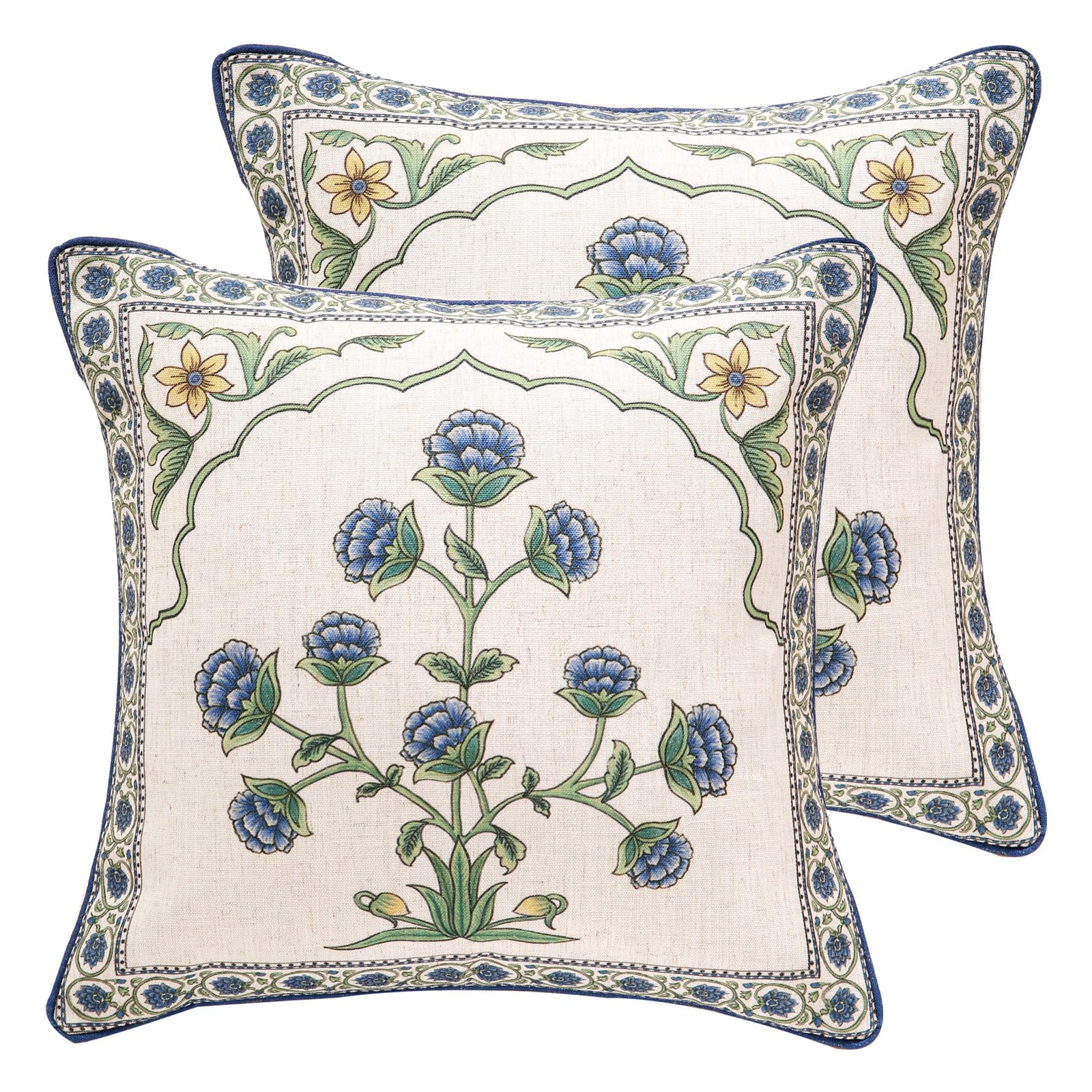 patdrea Designer Throw Pillow Covers Set of 2,Blue Euro Elegant Linen with Blooming Floral Pattern Pillow Cover,Decorative Square Pillowcases Cushion