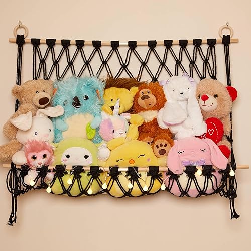 Lilly's Love Hamaca de macramé de animales de peluche con cadena de luces, soporte de red grande de estilo bohemio para juguetes de niños,