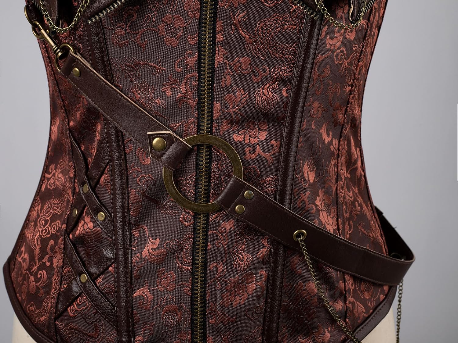 Cosfun Womens Leather Halter Corset Top Steampunk Corsets Bustiers Front Open Breast Zipper Lace-Up Back - Image 6