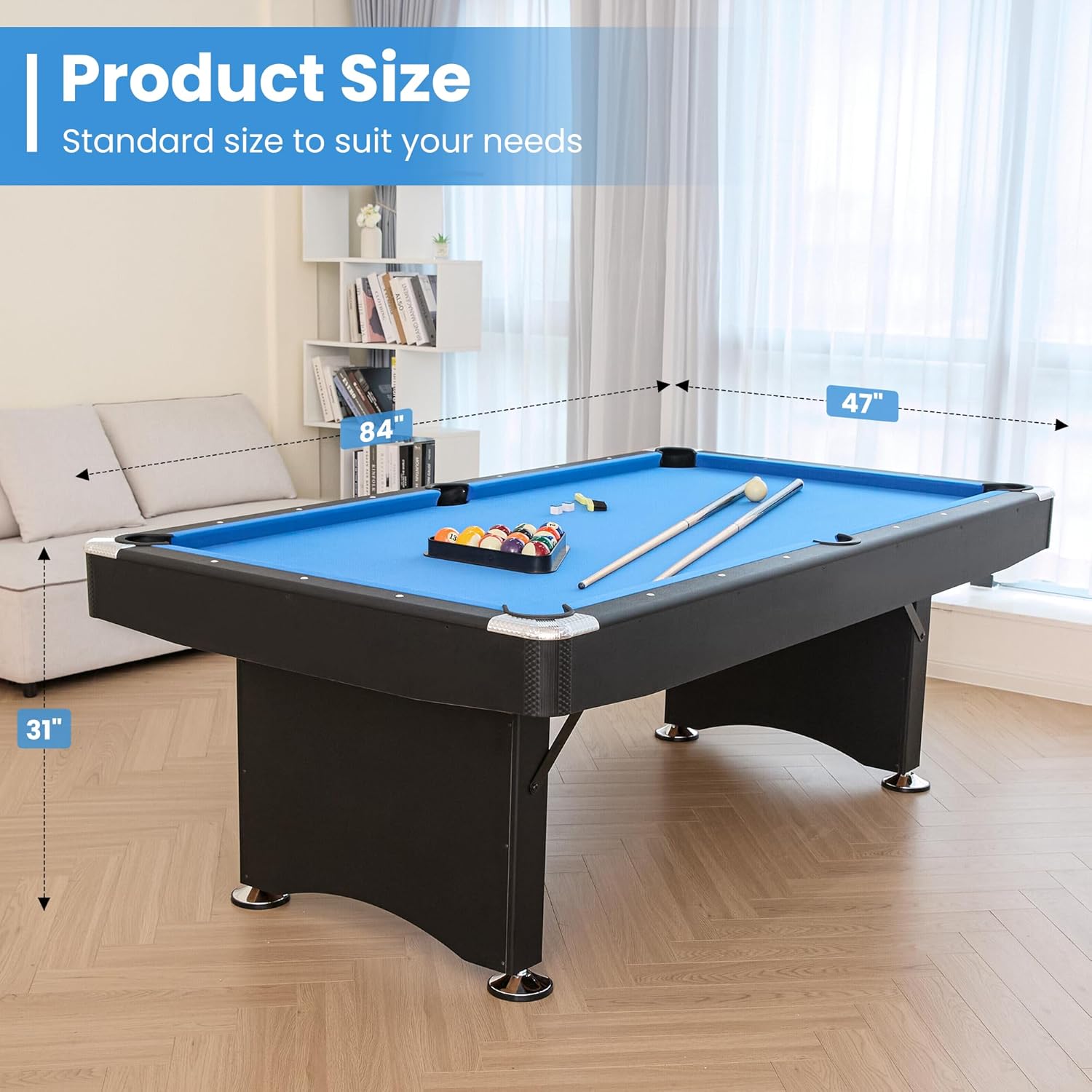 84’’ Pool Table 7FT Game Table Billiards Tables with Includes Accessories, 2 Cue Sticks, Billiard Balls, Rack, Felt Brush and Chalk for Family Game Room Basements