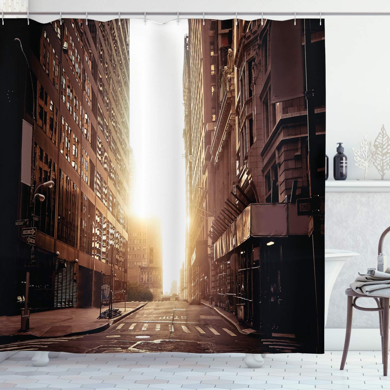 Ambesonne Cityscape Shower Curtain, Urban Ponorama of New York Street and High Skyscrapers at Early Morning Sunrise Manhattan View, Fabric Bathroom Decor Set with Hooks, 69" W x 75" L, Umber Cream
