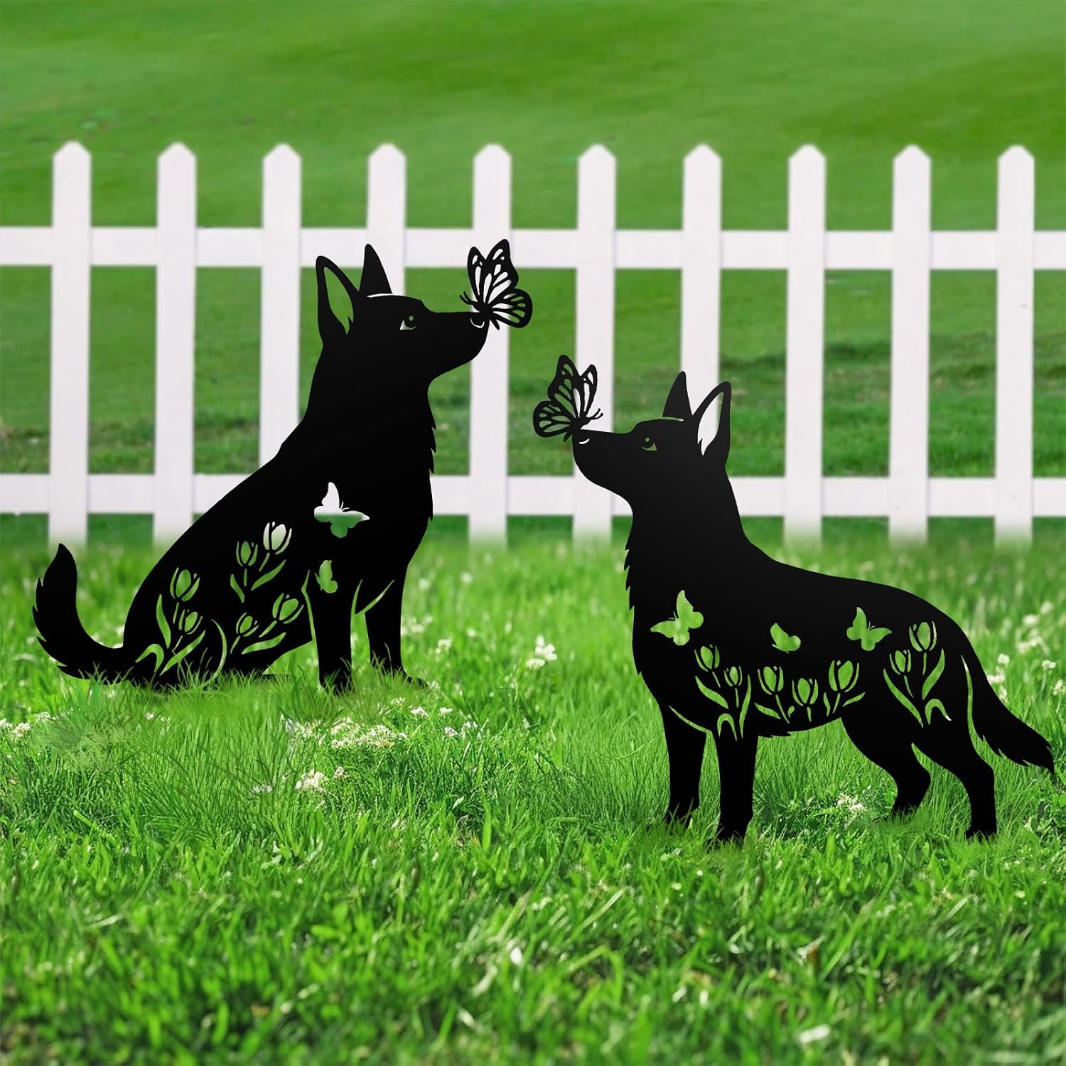 German Shepherd Metal Decorative Garden Stakes for Memorial Yard Art, Lawn Ornaments, Outdoor Decor 2 PCS
