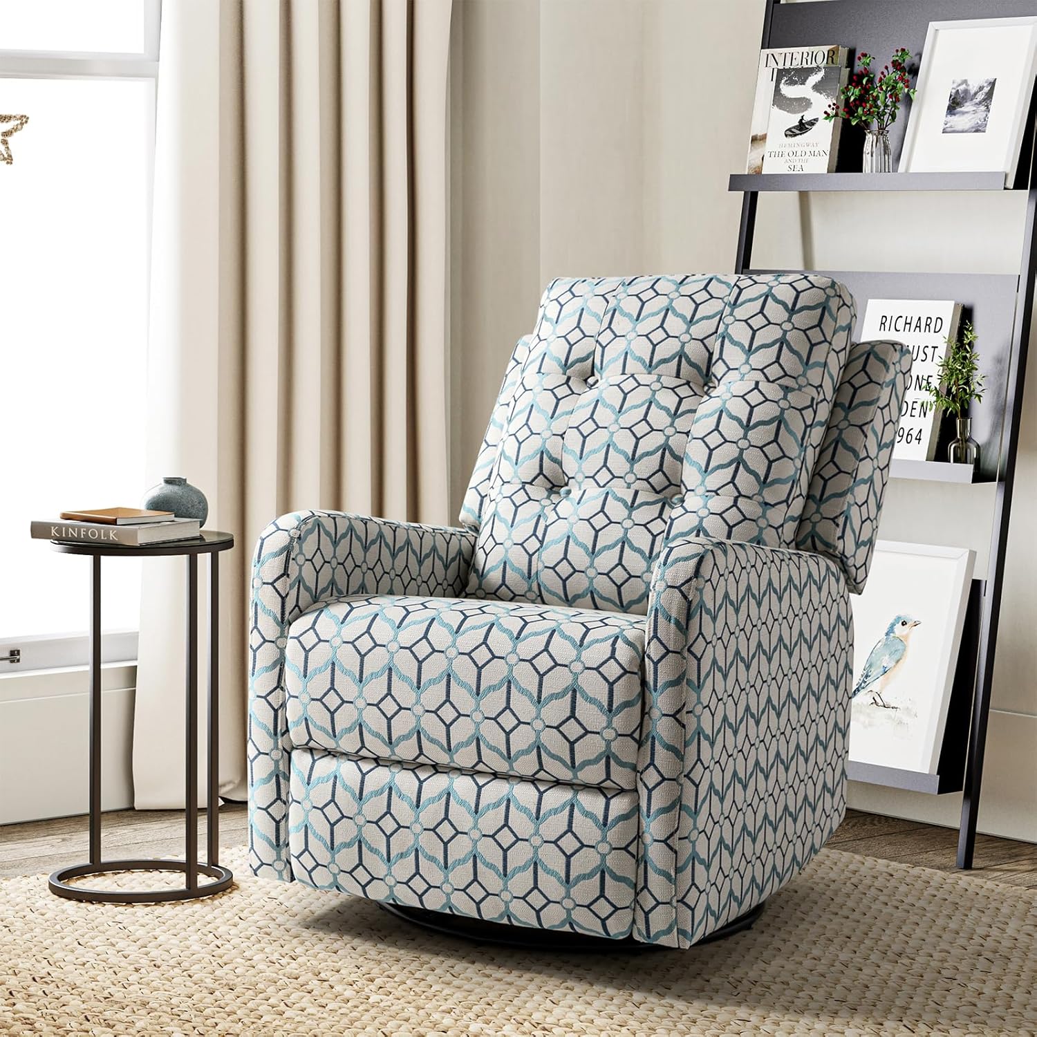 HULALA Home Recliner Chair Modern Printed Fabric for Living Room, Wingback Rocker Recliner Sofa Comfy Armchair 360 Degree Swivel, Nursery Rocking Chairs with Adjustable Backrest & Footrest/Ivory