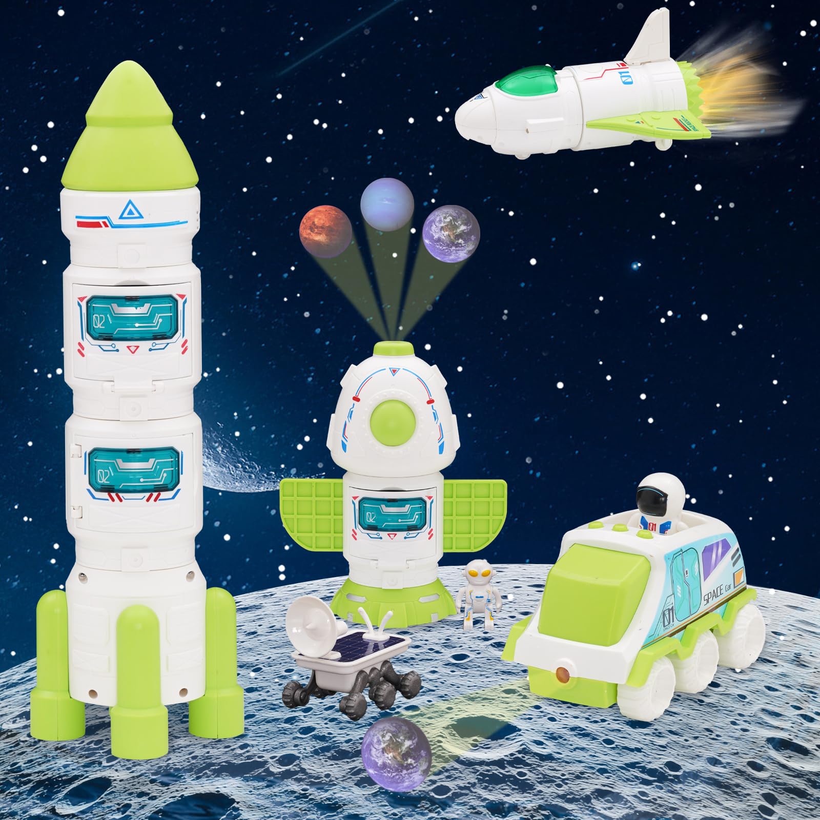 Razzo Spaziale Giocattolo per Bambini, Space Shuttle Giocattolo con e Astronauta, Adatto a Bambini di 3, 4, 5, 6, 7, 8 Anni, Stimola Fantasia e Esplorazione Spaziale (Verde)