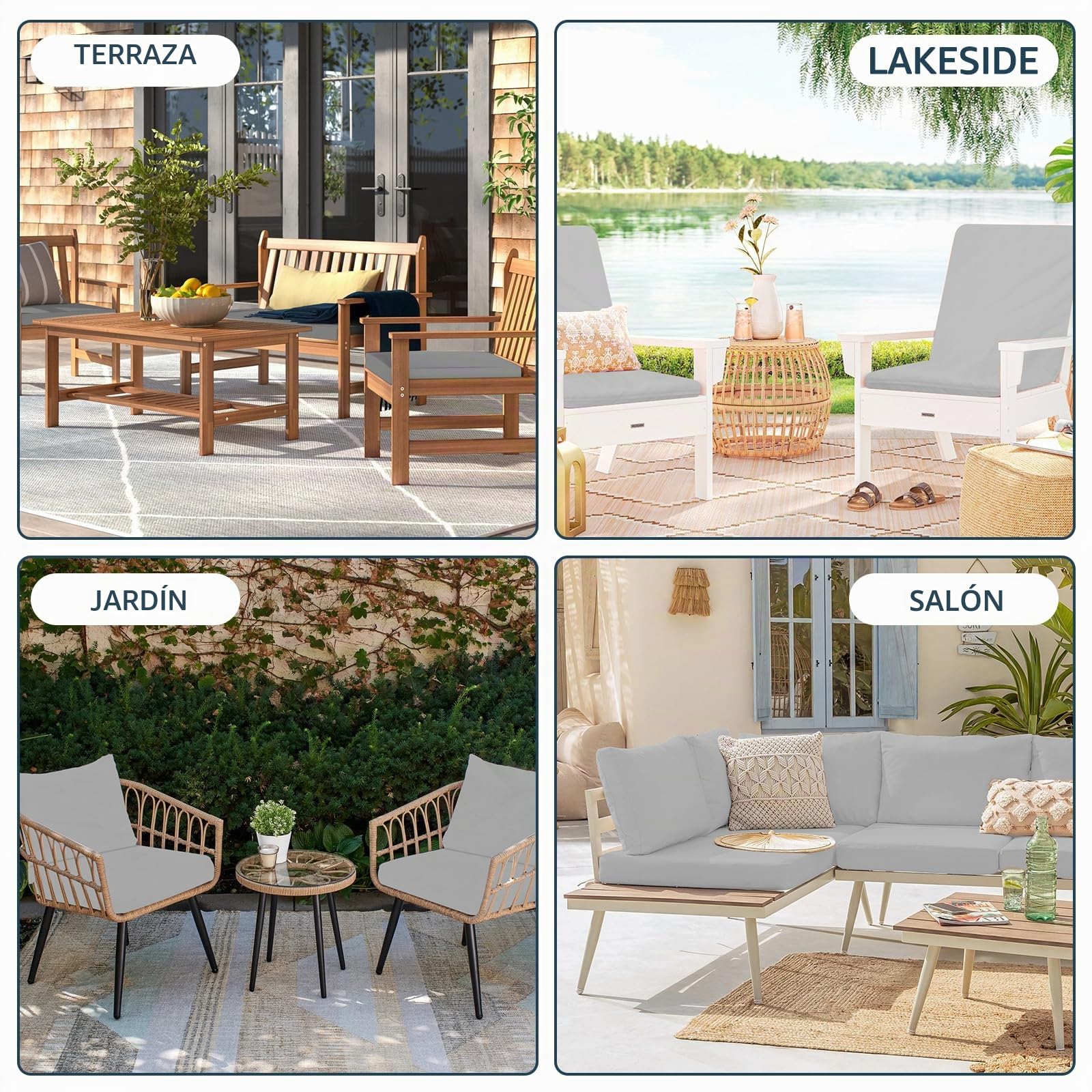 4 fundas de repuesto para cojines de asiento de jardín de 60 x 60 x 10 cm, impermeables, minimalistas, con cierre de cremallera, solo funda (gris)
