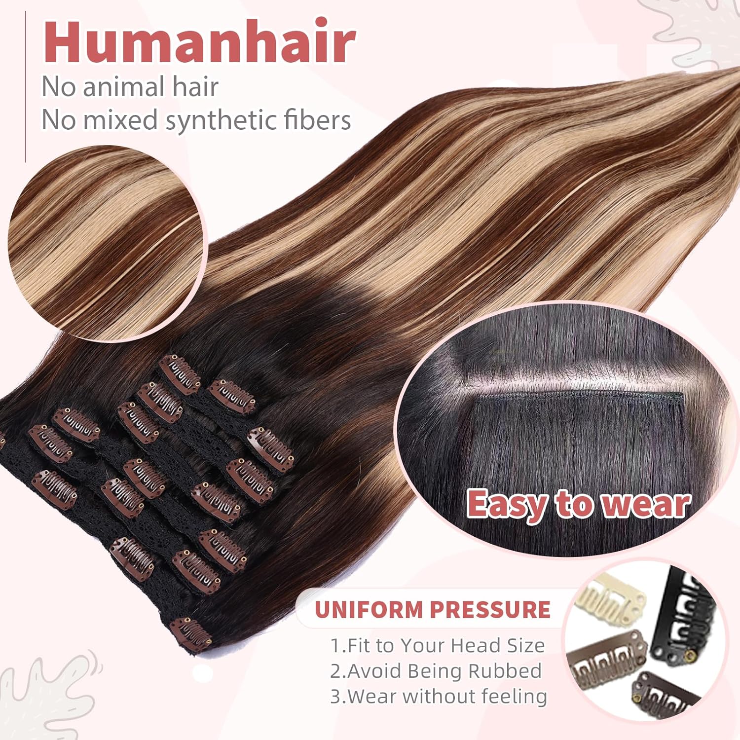 human hair clip in extensions,Soft&Natural clip in hair extensions real human hair 120g 7pcs Straight (18 Inch, 1B/4/27)