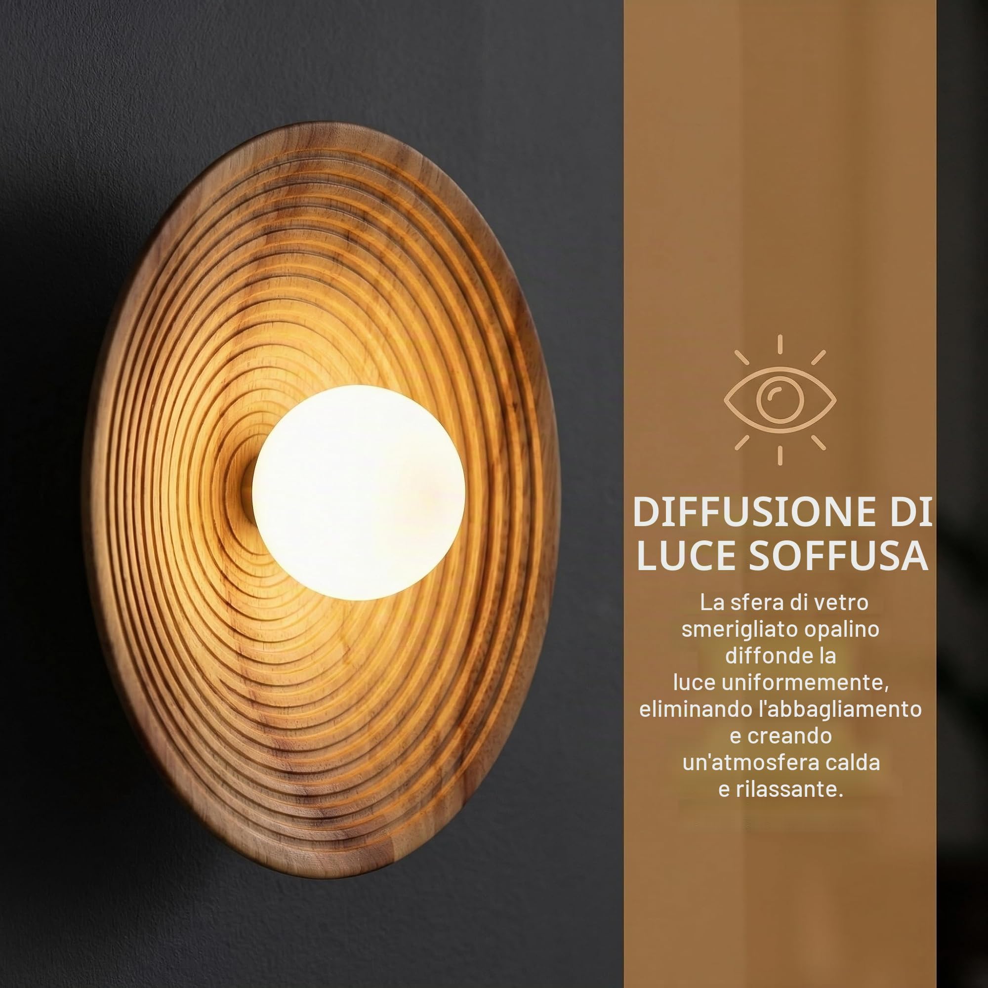 BARCELONA LED Applique da Parete in Legno Rotonda Ø28cm con Sfera in Vetro Bianco G9, Lampada da Muro Stile Nordico Japandi Vintage Industriale, per Camera Salotto Ufficio Scala Ristorante Bar