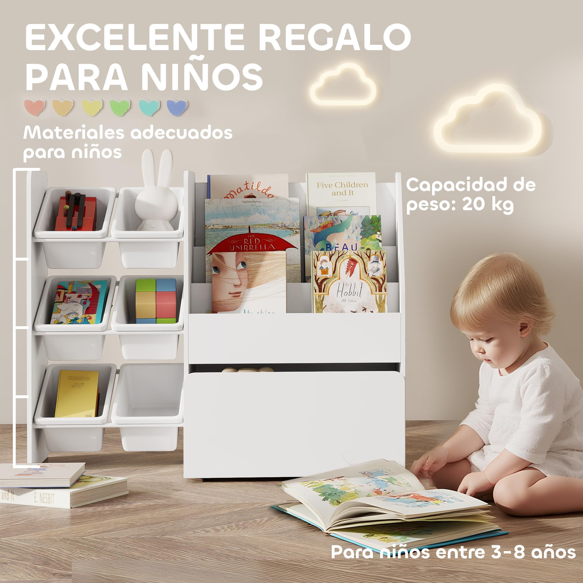 AIYAPLAY Estantería Infantil para Juguetes, con 6 Cajas Extraíbles, 3 Estantes Abiertos y Cajón Inferior con Ruedas, Organizador de Juguetes para Dormitorio, Sala de Juegos, Guardería, Blanco