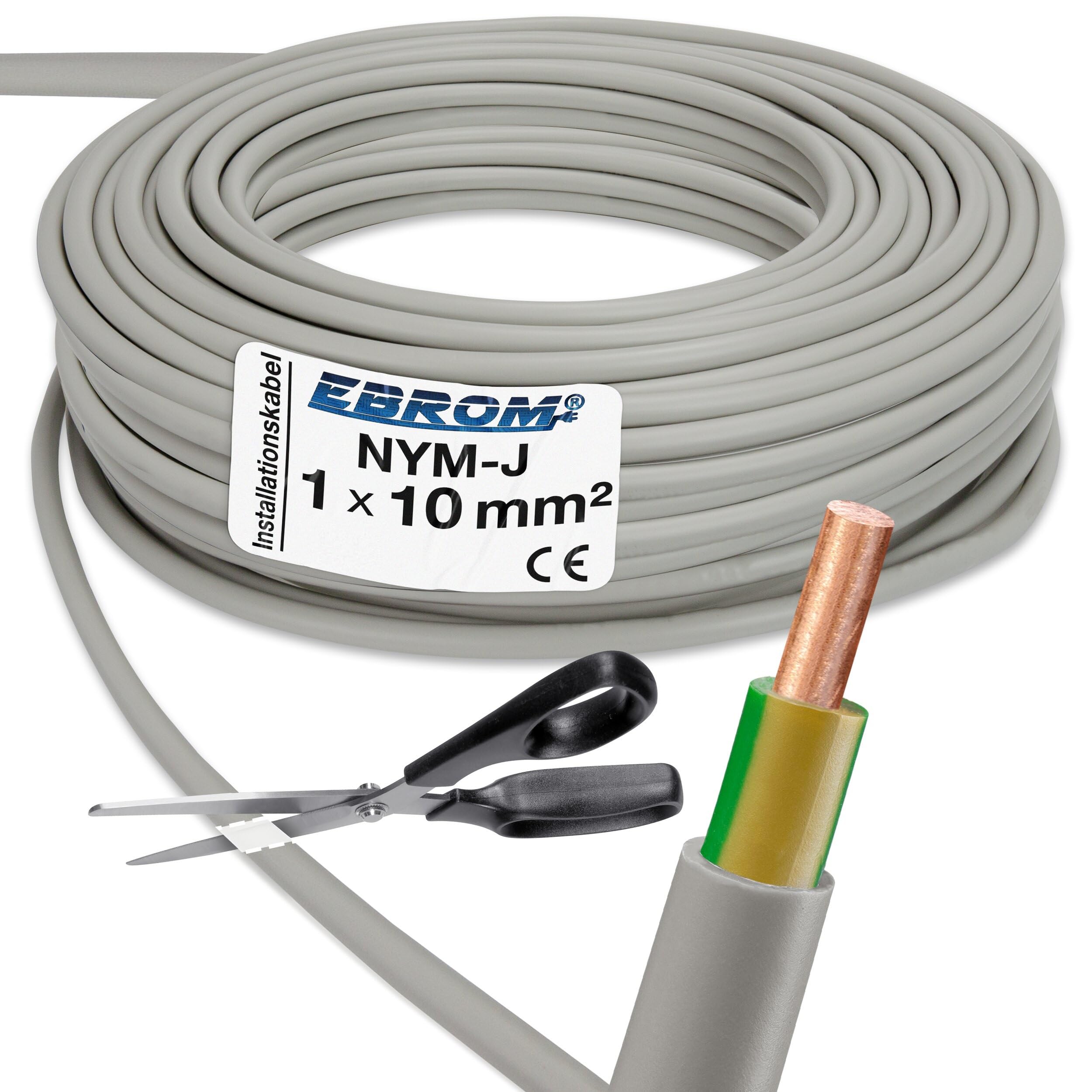 Przewód płaszczowy, przewód uziemiający, szary, NYM-J 1 x 10 mm², towar sprzedawany na metry z dokładnością do metra - wybór w odstępach 1 metra - przykład: 20 m - 25 m - 35 m - 50 m itd.